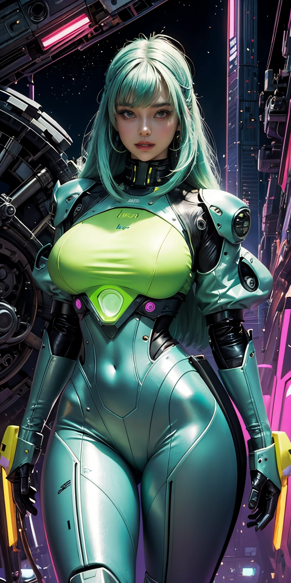 Una chica cyborg retrofuturista muy sexy en otro planeta ,su cuerpo esta hecho de alamabres y mecanica de robot futurista ,tiene grandes tetas y es muy hermosa ,su traje tiene luces de neon y es de color verde