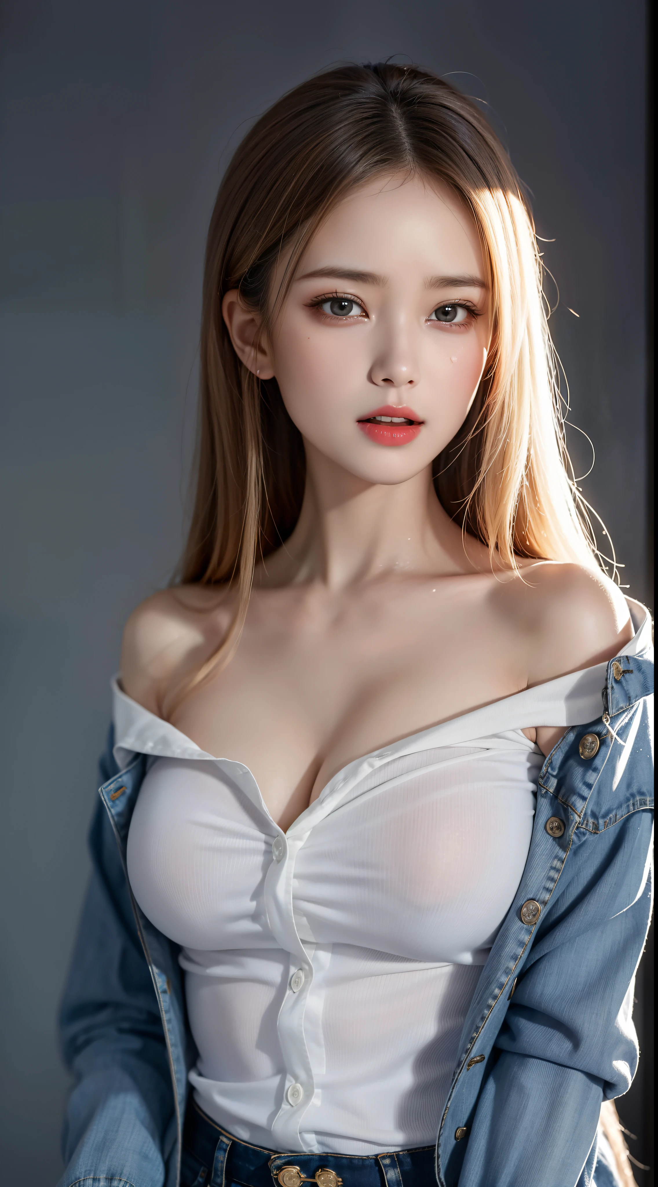Tác phẩm nghệ thuật toàn thân 1 DJ Mie đẹp nằm ngửa, big breasts, Bare-shoulders, sexy sexy, wet skin and hair, long straight blonde hair, (white shirt, lower body bare, tear, torn middle chest jacket, shirt covered with raw buttocks), perfect body, small slot, Fashion Photorealism, High definition sysie details, photography, Sharpness, Unique 850 4, koda850 k portrait, F1 lens.6, Rich colors, Surreal textures, spectacular light textures, Surrealist art, Cinestil 800 fashion mechanism, fear and crying, full of tears, painful obedience, Moaning in pain, grimace in pain.