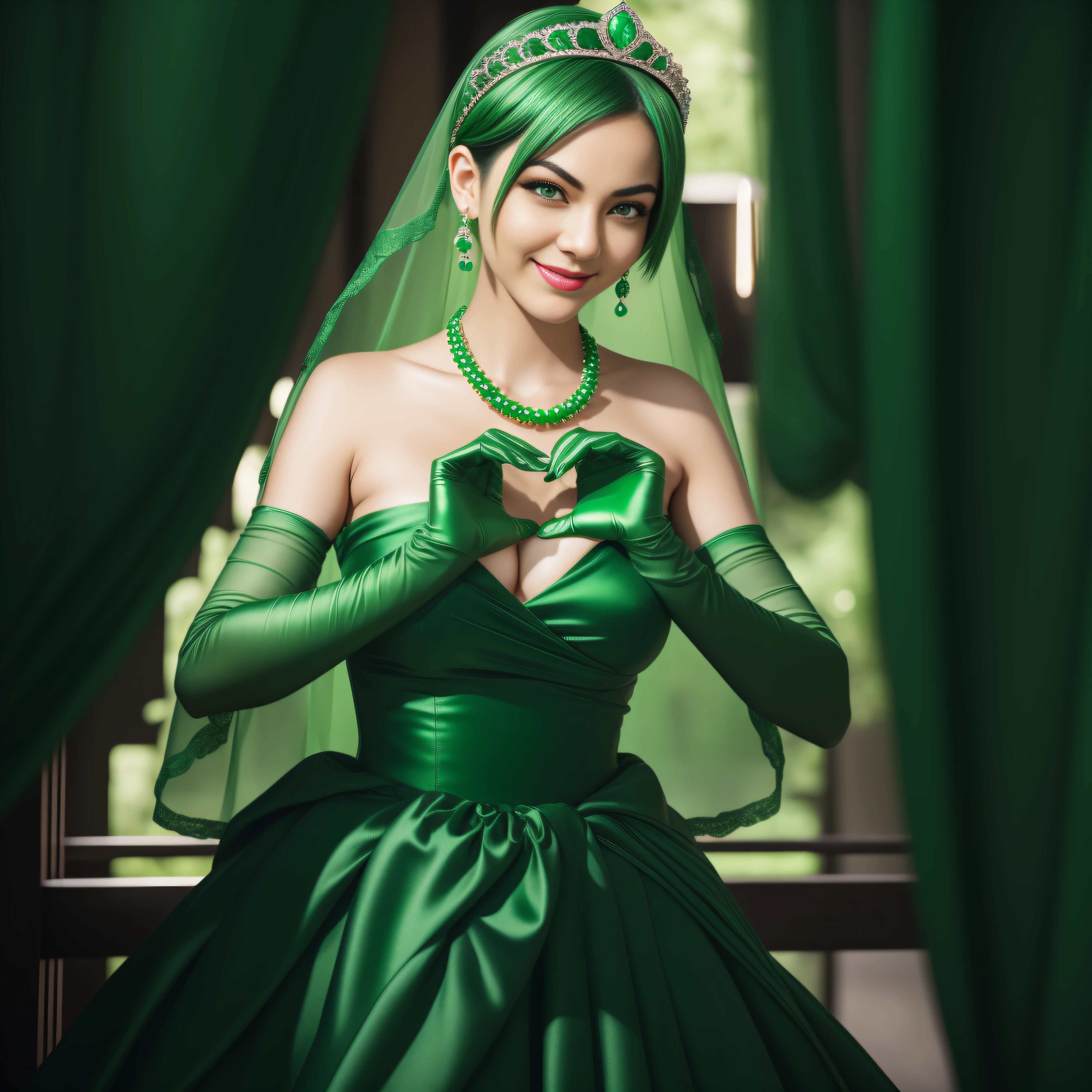 emerald tiara, Green Pearl Necklace, Boyish very short green hair, lipsticks, Japan woman smiling, very short short hair, big breasts beautiful, Green eyes, Long green gloves made of satin material, Green eyes, Emerald Earrings, green vale, Heart with both hands