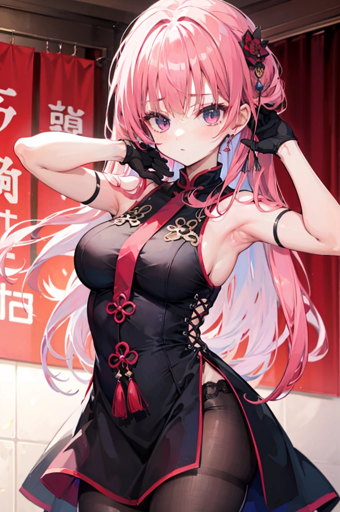mitsukasa ayas,Chinese service,black glove,hand behind head,Armpits,a sexy pose