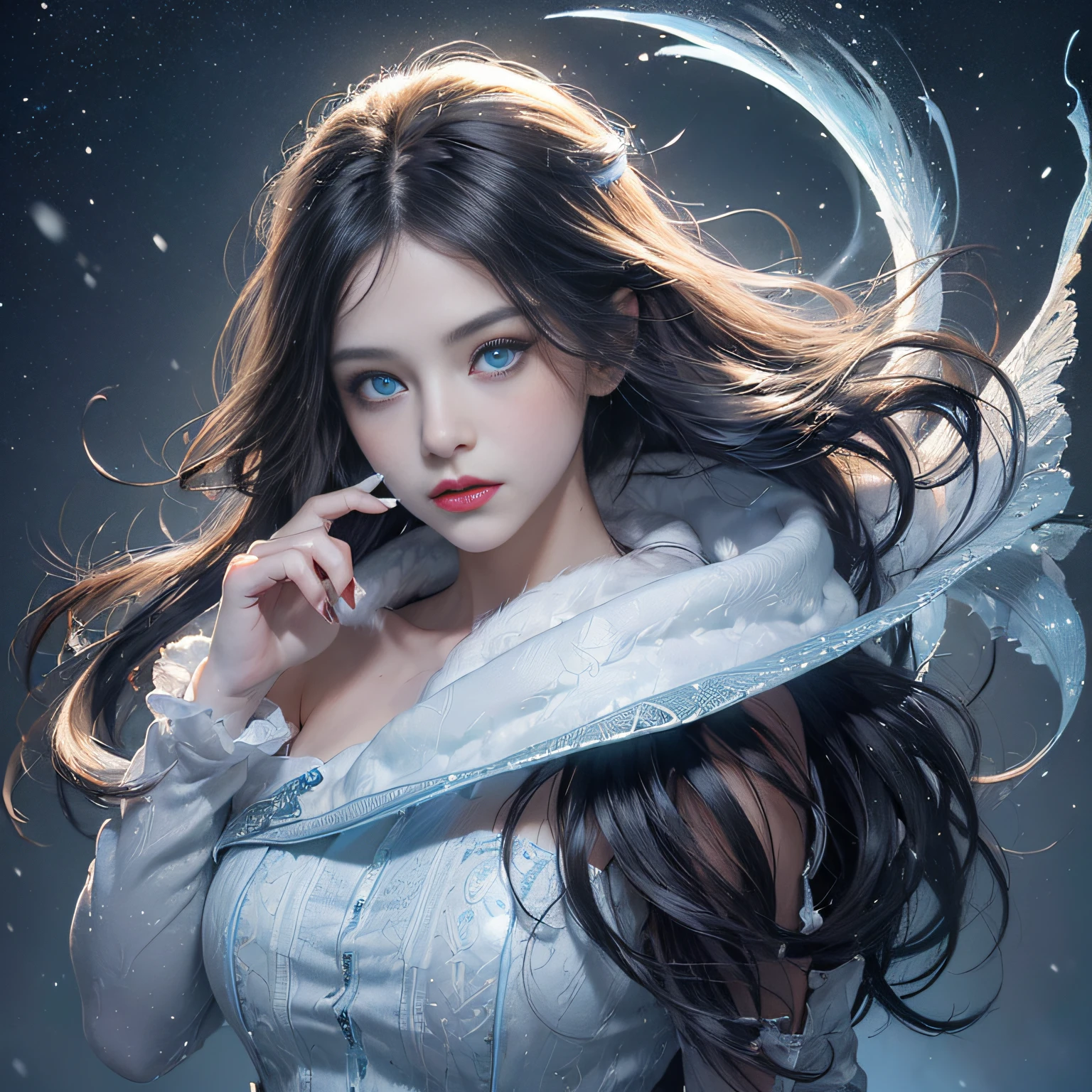 (number々Award-winning masterpieces of, with incredible detail, textures and maximum detail), (Hyper realistic:1.4), (Realistic:1.3), (Full body image:1.7), (Upper Body Up:0.3), (Transparent, Strangely white skin and realistic texture of the highest quality), (five perfect and beautiful fingers:1.8), (Yuki-onna from Japanese folk tales: 1.6), (smile with blood red lips: 1.7), (fine perfectly symmetrical eyes), (Dense and breathtakingly beautiful face: 1.6), (Image of an aesthetic and decadent atmosphere: 1.6), (fair but beautiful skin and face,,,,: 1.6), (Beautiful long black hair fluttering in the wind:1.4), (Wearing decadent and delicately crafted accessories: 1.8), (Bioluminescent bright blue eyes: 1.7), (Fallen Beauty: 1.6), (Blue eyes that emit a strong blue light from within:1.7), (The calm white old clothes that cover his entire body are badly damaged..., however、Elegant and delicate: 1.8), (Less skin exposure:1.5), (Strong moonlight shining in from overhead: 1.7), ((dramatic photography)), ((Cinematic Light)), (full-length portrait:1.7), (looks up), (Looking down), (dramatic pose), (Smoke effect and bewitching light:1.4), Beautiful white hair, Beautiful silver hair, Beautiful blonde hair, Wind-effect, Swirling snow, blizzard, Winter storms, wind and rain, (Purple smoke in the air: 1.3), (Snowstorm Ice Field, Quiet snowfield on a moonlit night, Midnight Snow Town), (a dark night, Full Moon Night, New Moon Night), Epic Realistic, Faded, ((Neutral colors)), Art Book, (nffsw:1.5), (Muted colors:1.2), Hyper Detailed, (Art Station:1.5), Cinematic, Warm lights, light effect, Dramatic light, (Intricate details:1.1), Complex background, (Greg Rutkowski:0.8), (teal and orange:0.4),(translucent off-shoulder wear)、