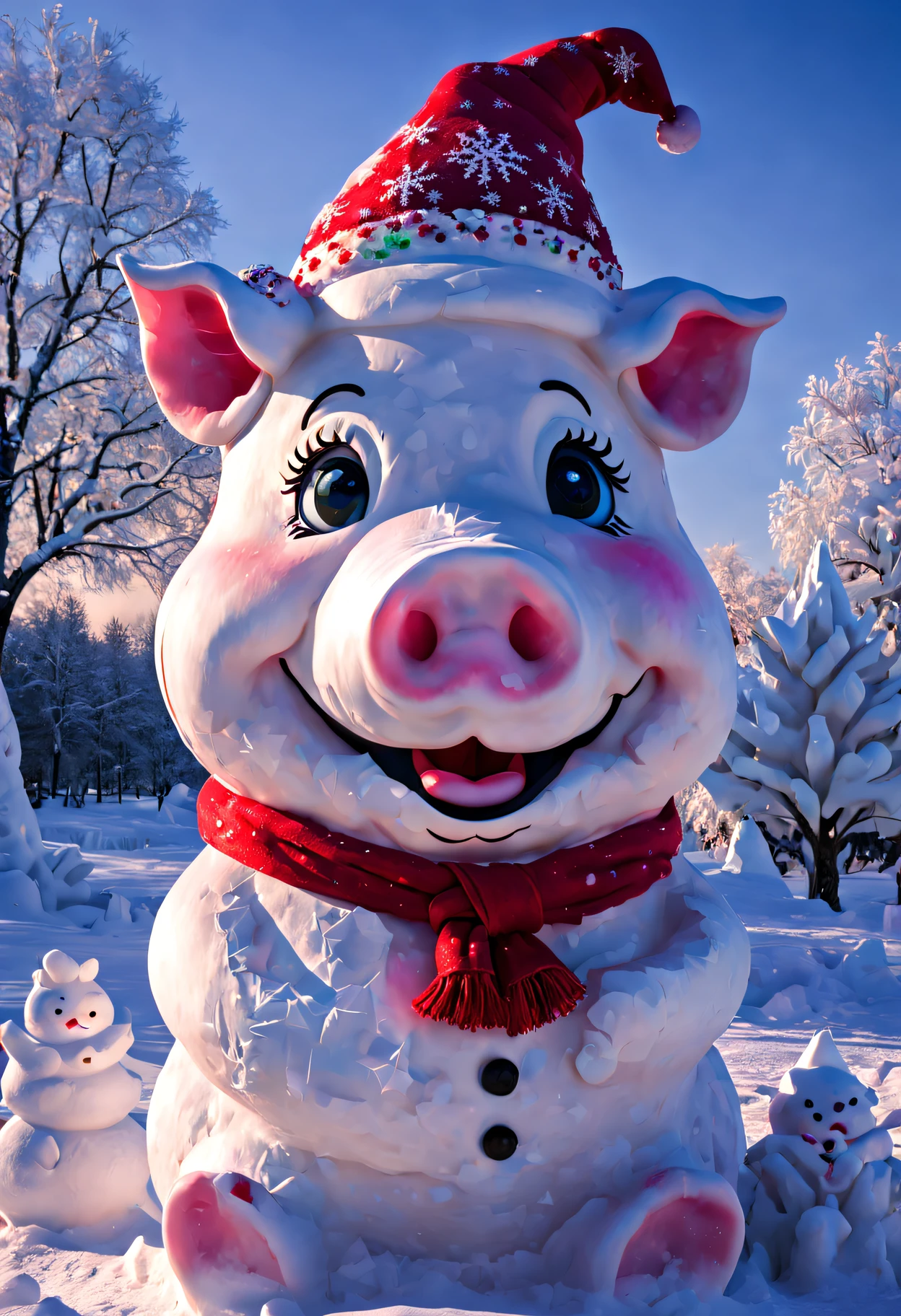 PE snow sculpture,Snow sculptures, Beautiful pig head snowman masterpiece, A high resolution, Octave 4K, high detal,(Best quality at best,4K,A high resolution,tmasterpiece:1.2),ultra - detailed,actual,nighttime scene,Cold,Smiling pig Head Snowman,Magic hat，Red scarf，Twig arm，Sparkling snowflakes,aurora borealis,Icy landscape,sky full of stars,Winter wonderland,Gleaming snow-covered trees,Fresh air,Subtle Moonlight,magical ambiance