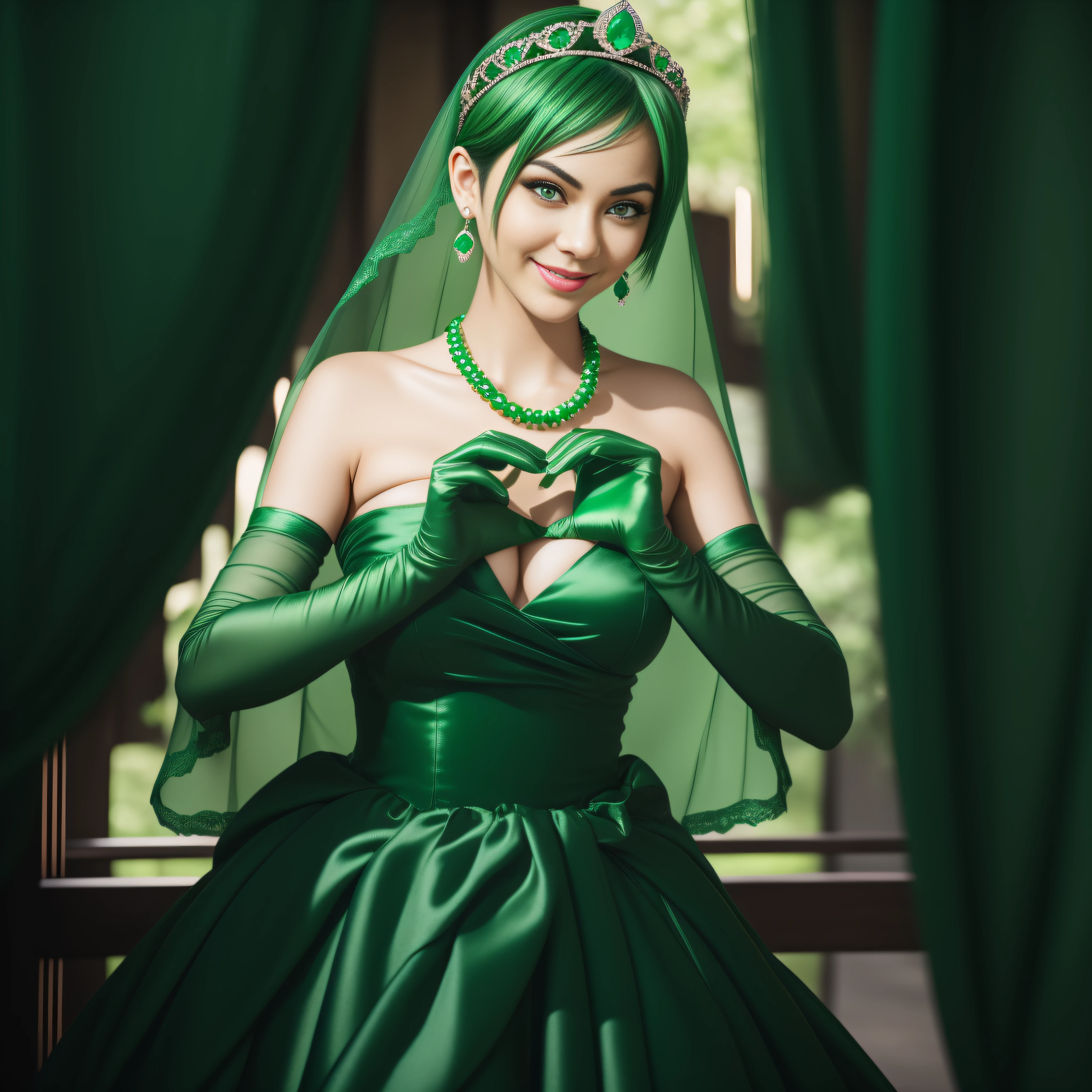 emerald tiara, Green Pearl Necklace, Boyish very short green hair, lipsticks, Japan woman smiling, very short short hair, big breasts beautiful, Green eyes, Long green gloves made of satin material, Green eyes, Emerald Earrings, green vale, Heart with both hands