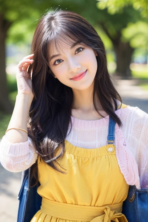 Beautiful woman with good eyes and nose、Beautiful as a model、Cute like a model、Eyes are double、How to use regular mascara、Eye color blue、Hair color pink、her face is delicate and elegant.、imagem 4k、Beautiful style like a model、Ordinary large、A refreshing and lovely smile、Yellow blouse、plain orange mini skirt、University campus on a sunny day、Pose like a model、Overall portrait、Snapshots、Pick up your second bag、