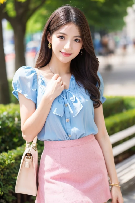 Beautiful woman with good eyes and nose、Beautiful as a model、Cute like a model、Eyes are double、How to use regular mascara、Eye color blue、Hair color pink、her face is delicate and elegant.、imagem 4k、Beautiful style like a model、Ordinary large、A refreshing and lovely smile、Yellow blouse、plain orange mini skirt、University campus on a sunny day、Pose like a model、Overall portrait、Snapshots、Pick up your second bag、