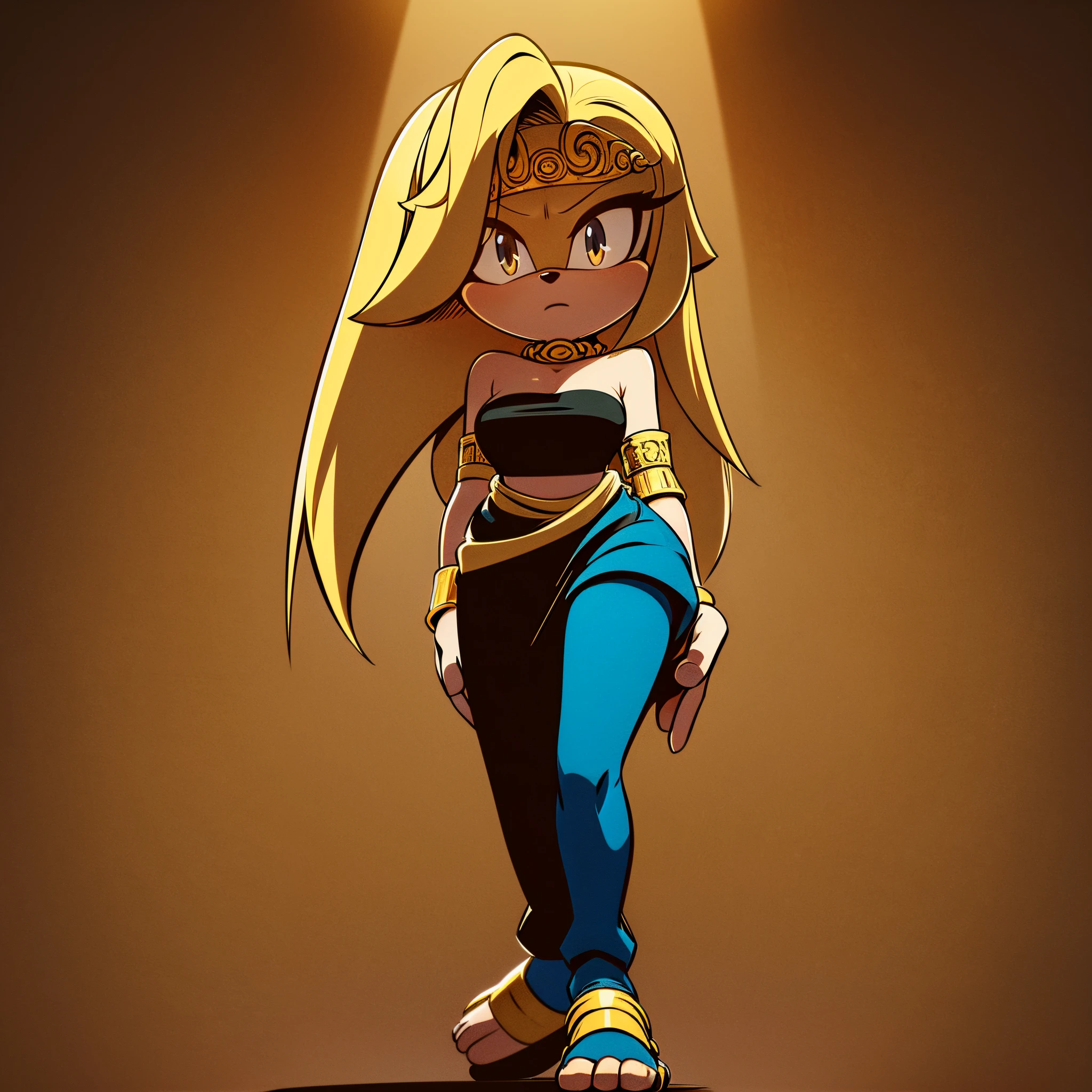 Female, mobian, hedgehog, 1girl, solo, looking at viewer, black low cut tube top, blonde fur, long hair, yellow irises, hair bangs, gold wristband rings, gold band around waist, black harem pants, and black genie slippers, ancient temple ruins background, (insanely detailed, masterpiece, best quality, 4k)