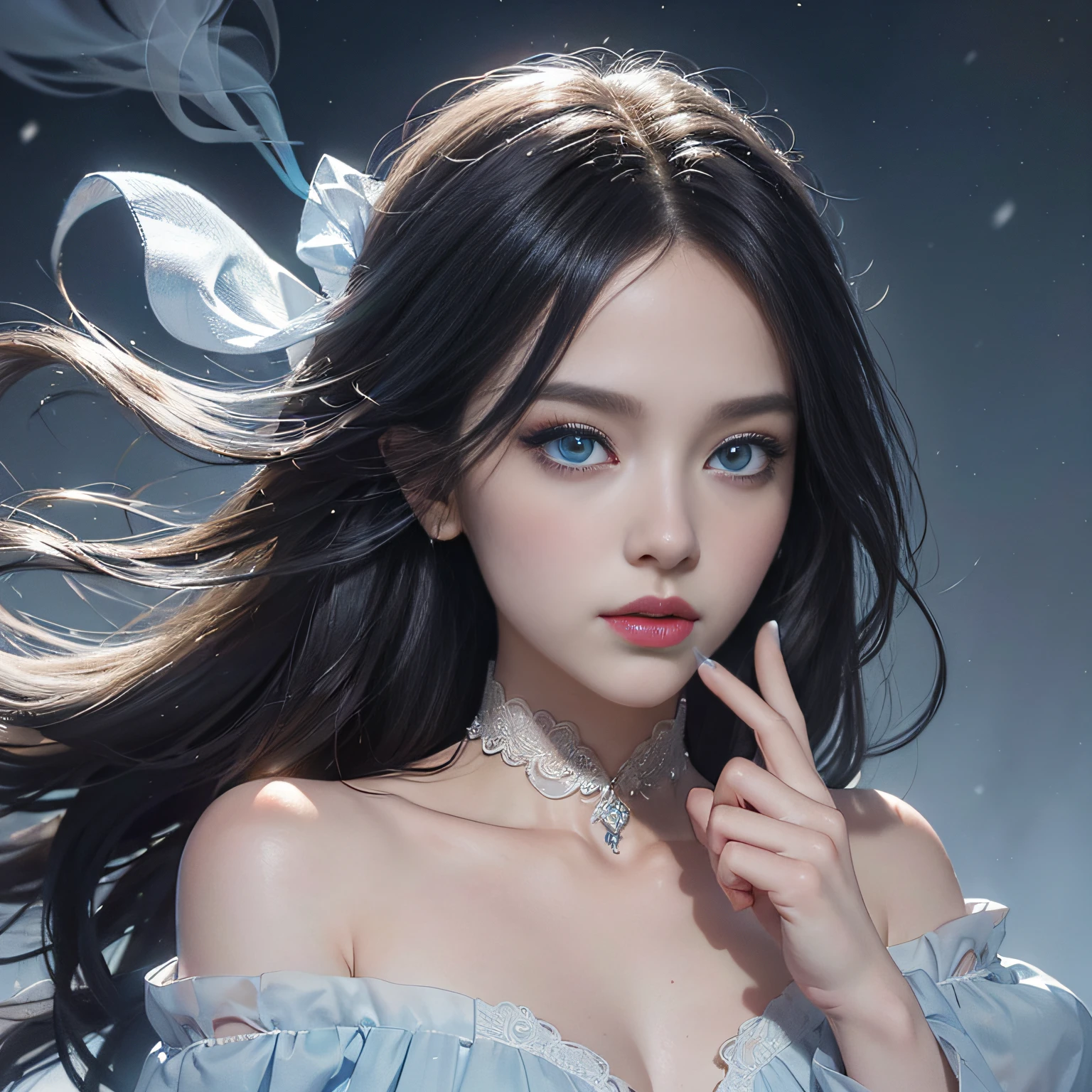 (number々Award-winning masterpieces of, with incredible detail, textures and maximum detail), (Hyper realistic:1.4), (Realistic:1.3), (Full body image:1.7), (Upper Body Up:0.3), (Transparent, Strangely white skin and realistic texture of the highest quality), (five perfect and beautiful fingers:1.8), (Yuki-onna from Japanese folk tales: 1.6), (smile with blood red lips: 1.7), (fine perfectly symmetrical eyes), (Dense and breathtakingly beautiful face: 1.6), (Image of an aesthetic and decadent atmosphere: 1.6), (fair but beautiful skin and face,,,,,: 1.6), (Beautiful long black hair fluttering in the wind:1.4), (Wearing decadent and delicately crafted accessories: 1.8), (Bioluminescent bright blue eyes: 1.7), (Fallen Beauty: 1.6), (Blue eyes that emit a strong blue light from within:1.7), (The calm white old clothes that cover his entire body are badly damaged...., however、Elegant and delicate: 1.8), (Less skin exposure:1.5), (Strong moonlight shining in from overhead: 1.7), ((dramatic photography)), ((Cinematic Light)), (full-length portrait:1.7), (looks up), (Looking down), (dramatic pose), (Smoke effect and bewitching light:1.4), Beautiful white hair, Beautiful silver hair, Beautiful blonde hair, Wind-effect, Swirling snow, blizzard, Winter storms, wind and rain, (Purple smoke in the air: 1.3), (Snowstorm Ice Field, Quiet snowfield on a moonlit night, Midnight Snow Town), (a dark night, Full Moon Night, New Moon Night), Epic Realistic, Faded, ((Neutral colors)), Art Book, (nffsw:1.5), (Muted colors:1.2), Hyper Detailed, (Art Station:1.5), Cinematic, Warm lights, light effect, Dramatic light, (Intricate details:1.1), Complex background, (Greg Rutkowski:0.8), (teal and orange:0.4),(translucent off shoulder dress mini)、