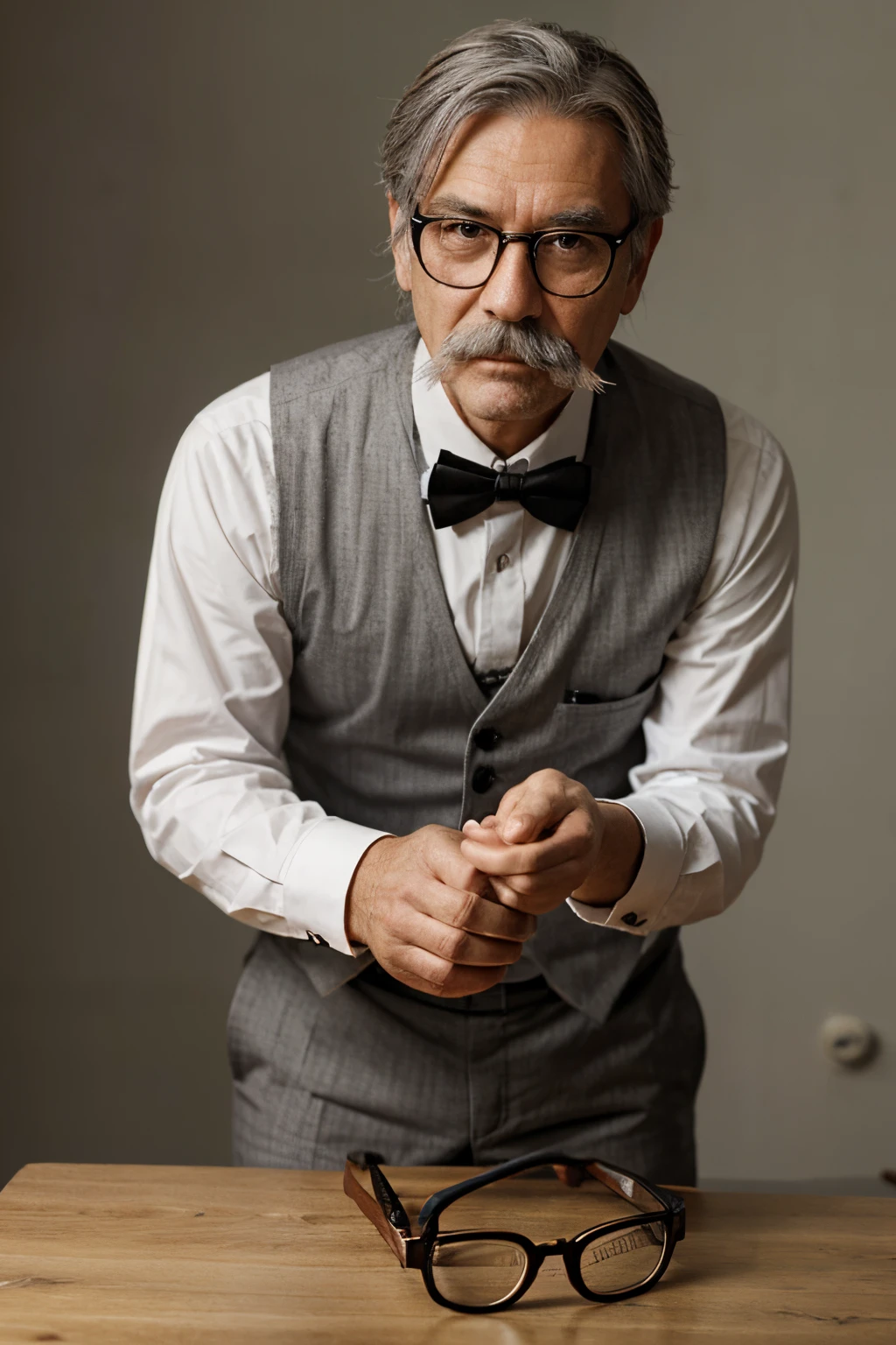 Oldman with glasses, gray hair, mustache, small glasses, butler