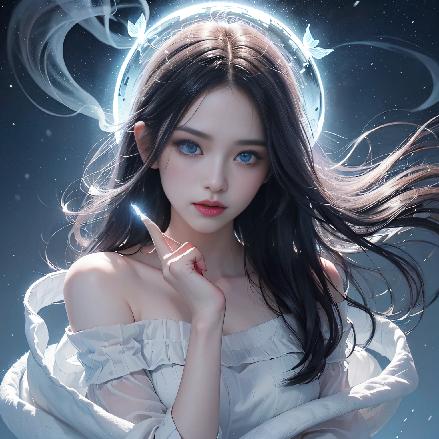 (number々Award-winning masterpieces of, with incredible detail, textures and maximum detail), (Hyper realistic:1.4), (Realistic:1.3), (Full body image:1.7), (Upper Body Up:0.3), (Transparent, Strangely white skin and realistic texture of the highest quality), (five perfect and beautiful fingers:1.8), (Yuki-onna from Japanese folk tales: 1.6), (smile with blood red lips: 1.7), (fine perfectly symmetrical eyes), (Dense and breathtakingly beautiful face: 1.6), (Image of an aesthetic and decadent atmosphere: 1.6), (fair but beautiful skin and face,,,,,,: 1.6), (Beautiful long black hair fluttering in the wind:1.4), (Wearing decadent and delicately crafted accessories: 1.8), (Bioluminescent bright blue eyes: 1.7), (Fallen Beauty: 1.6), (Blue eyes that emit a strong blue light from within:1.7), (The calm white old clothes that cover his entire body are badly damaged....., however、Elegant and delicate: 1.8), (Less skin exposure:1.5), (Strong moonlight shining in from overhead: 1.7), ((dramatic photography)), ((Cinematic Light)), (full-length portrait:1.7), (looks up), (Looking down), (dramatic pose), (Smoke effect and bewitching light:1.4), Beautiful white hair, Beautiful silver hair, Beautiful blonde hair, Wind-effect, Swirling snow, blizzard, Winter storms, wind and rain, (Purple smoke in the air: 1.3), (Snowstorm Ice Field, Quiet snowfield on a moonlit night, Midnight Snow Town), (a dark night, Full Moon Night, New Moon Night), Epic Realistic, Faded, ((Neutral colors)), Art Book, (nffsw:1.5), (Muted colors:1.2), Hyper Detailed, (Art Station:1.5), Cinematic, Warm lights, light effect, Dramatic light, (Intricate details:1.1), Complex background, (Greg Rutkowski:0.8), (teal and orange:0.4),(translucent off shoulder dress)、((erection))