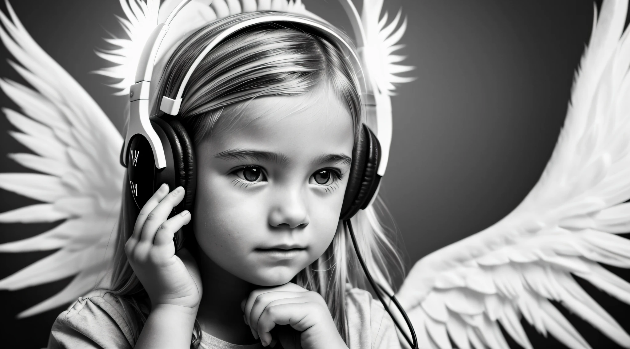 uma foto em black and white de uma CHILD blonde FIREHEAD with headphones, ANGEL'S WINGS, with hands on face.