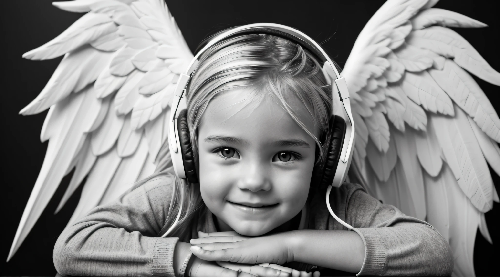 uma foto em black and white de uma CHILD blonde FIREHEAD with headphones, ANGEL'S WINGS, with hands on face.