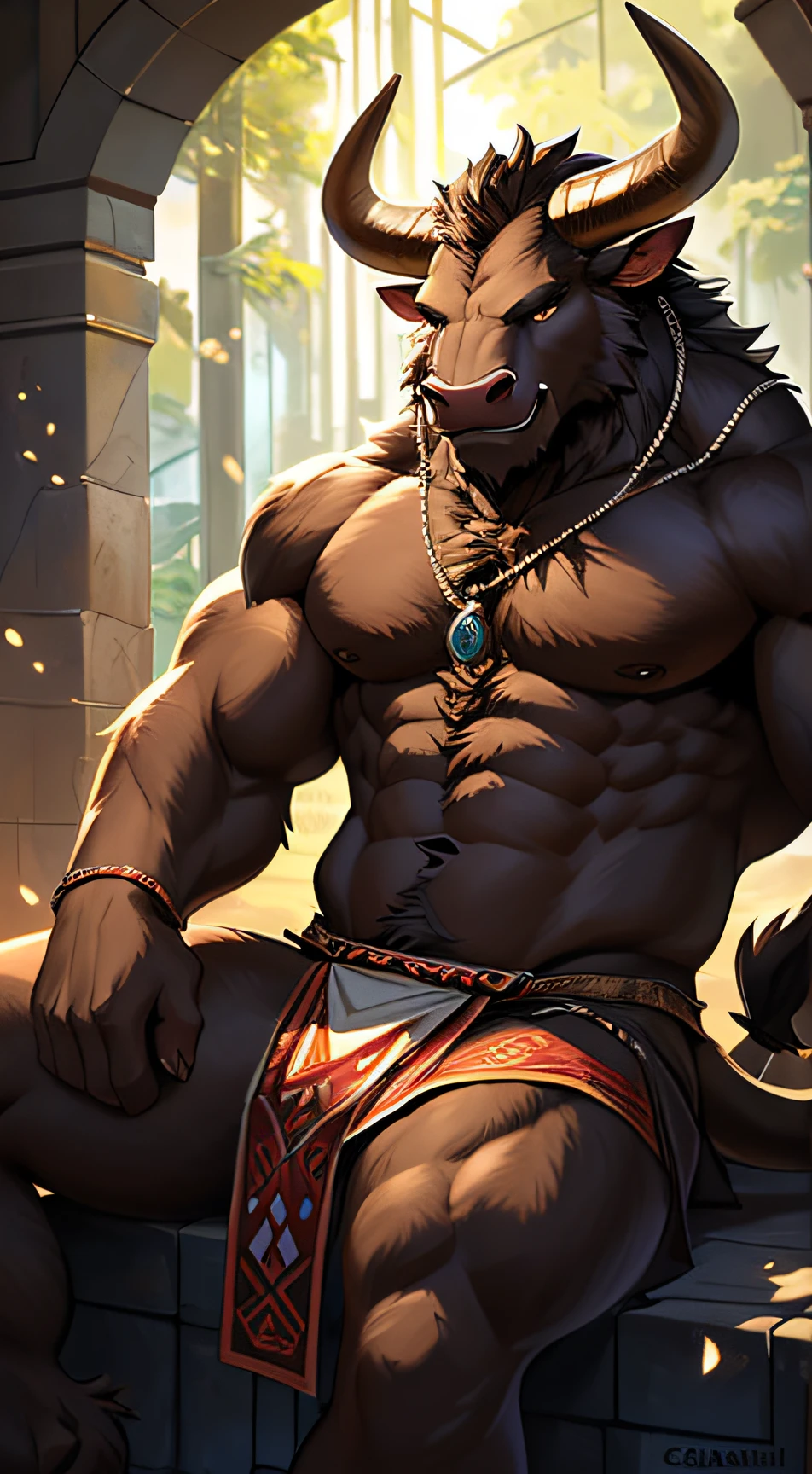 ((anime)), by Garmash,Ruan Jia,black-rat, anthro, male, (((detailed fluffy fur))), ((sitting)), detailed realistic painting, (((biceped))), (((shaded))) extreme detail, ((minotaur)), loincloth, brown body, light particles