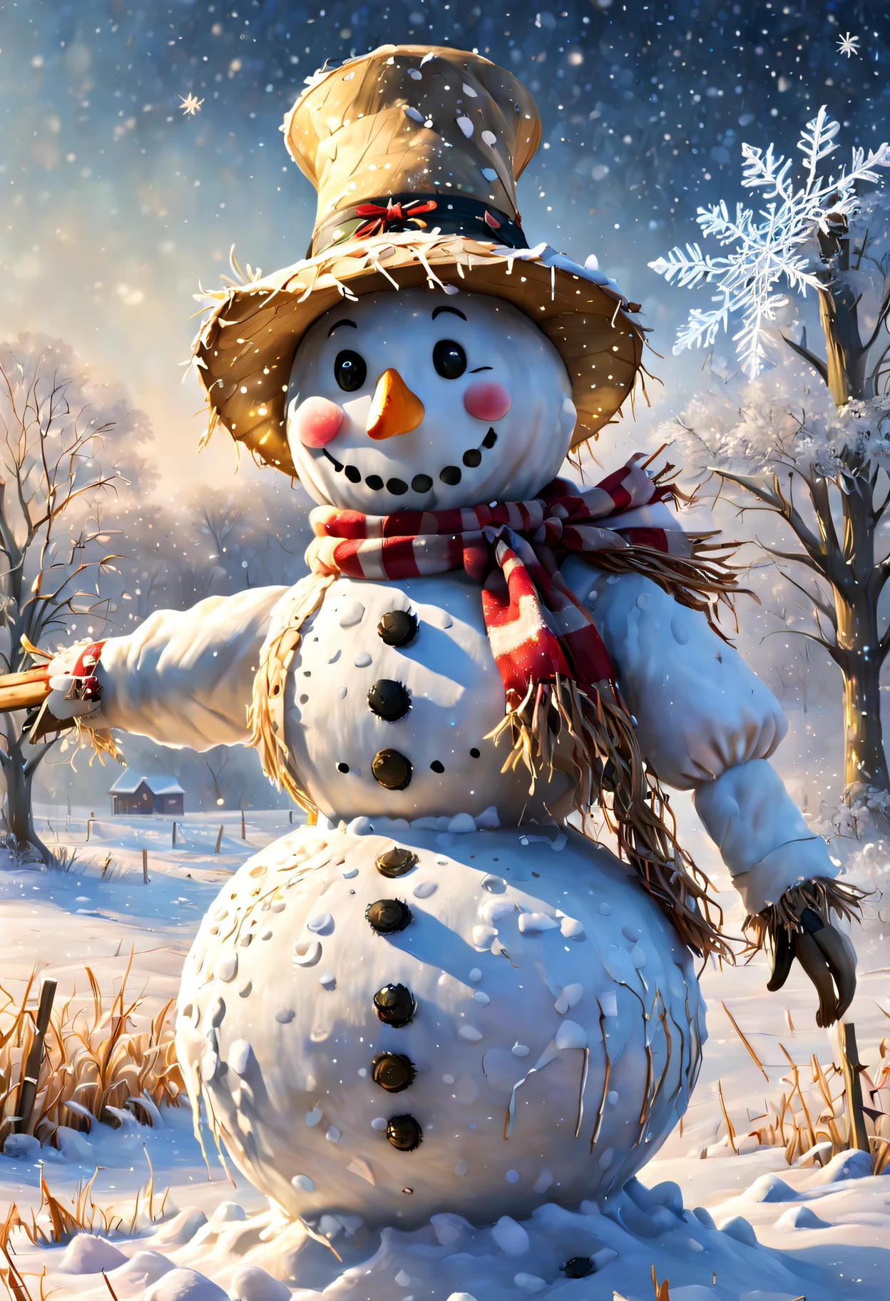 (best quality,4k,8k,highres,masterpiece:1.2),ultra-detailed,(realistic,photorealistic,photo-realistic:1.37),scarecrow snowman,falling snowflakes,beautiful winter landscape,glistening snow-covered fields,twinkling starry night,whimsical winter wonderland,charming countryside scene,tall and slender scarecrow with a friendly smile,frosty chill in the air,cold breath visible,detailed straw hat and tattered clothes,delicate snowflakes gently landing on the scarecrow's hat,stick arms outstretched as if to welcome winter,fading sunlight casting a warm, golden glow on the scene,frozen trees covered in a delicate layer of ice,soft shadows dancing on the untouched snow,peaceful silence interrupted only by the sound of falling snowflakes.