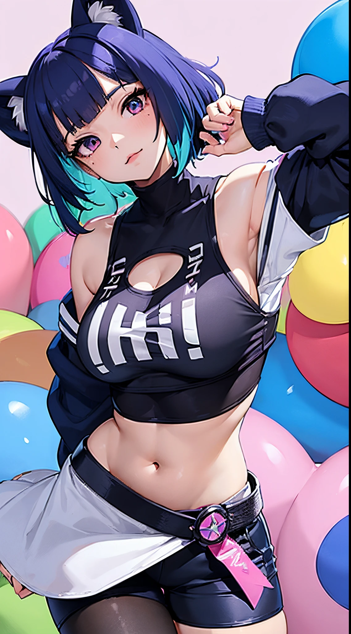 (feminised:1.5), Furry raccoon, (Michiru:1.1), (Luna Crop Top:1.1), croptop, (Luna Shorts:1.1), bottomwear,, 1girl in, Solo, Blue hair, (multicolored eyes), raccoon ears, Two-tone hair