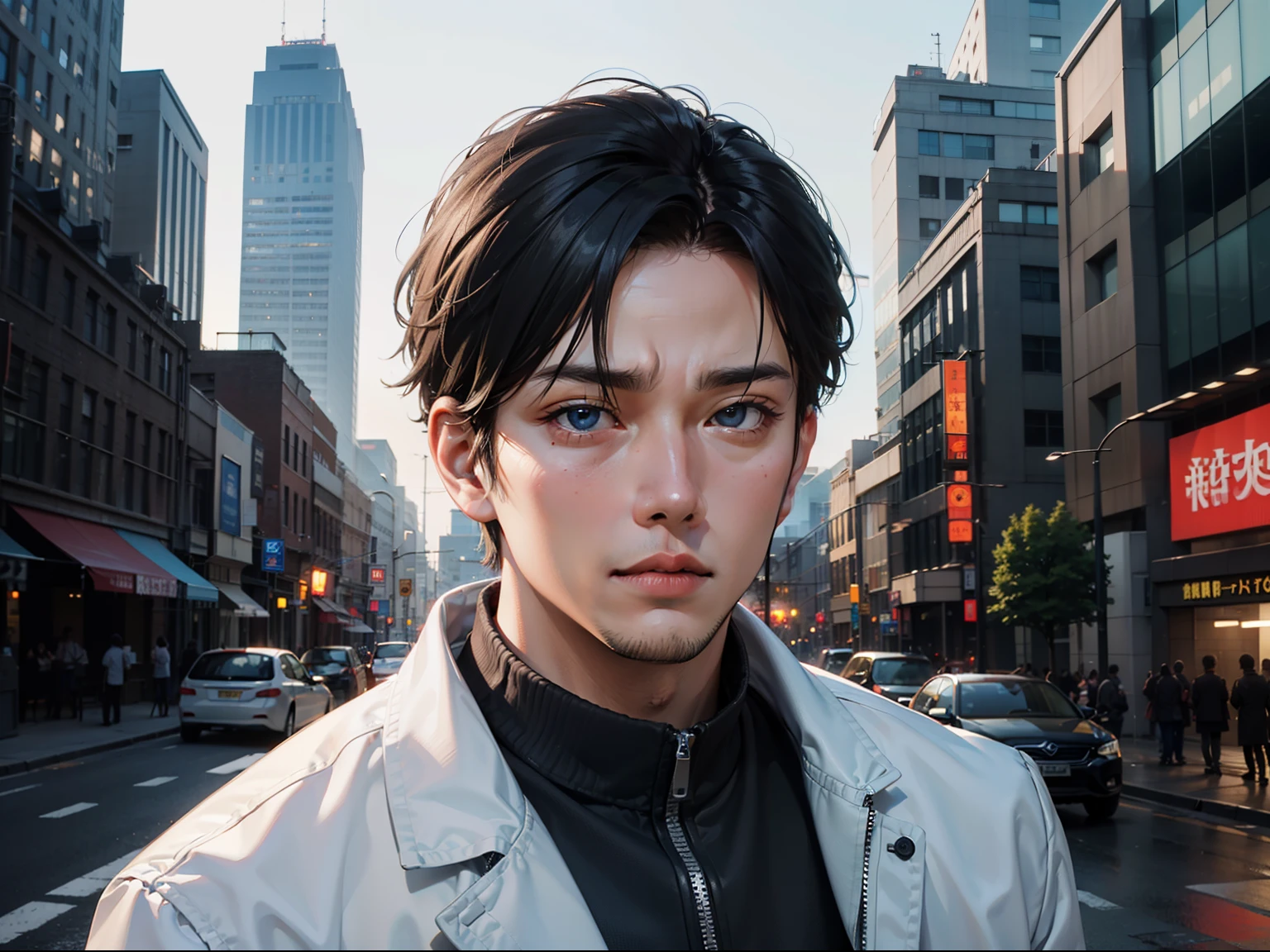 filmposter,scientific fiction,sci-fy,电影灯光,War action movie,big city,A 26-year-old Asian man,eBlue eyes,blue hairs,(Short hair details, Short hair details : 0.8 ),tough face,Muscular,White tech jacket,frowned seriously,Realistic facial details,Endless realism,3D face。