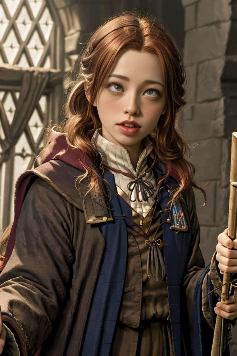 (far wide shot:1.5), 1girl, (solo:1.5), a beautiful picture of Gimmy Weasley, (ginwea1:1.5), wearing a uniform, masterpiece, photorealistic, detailed, 4k, HDR, backlighting, light, RAW color photo, soft skin, red hair, detailed face, blue eyes, striped scarf, short pleated skirt, black robe, medieval, (gryffindor:1.4), (ahegao:1.5), (ahg1:.5), (rolling eyes :1.5),