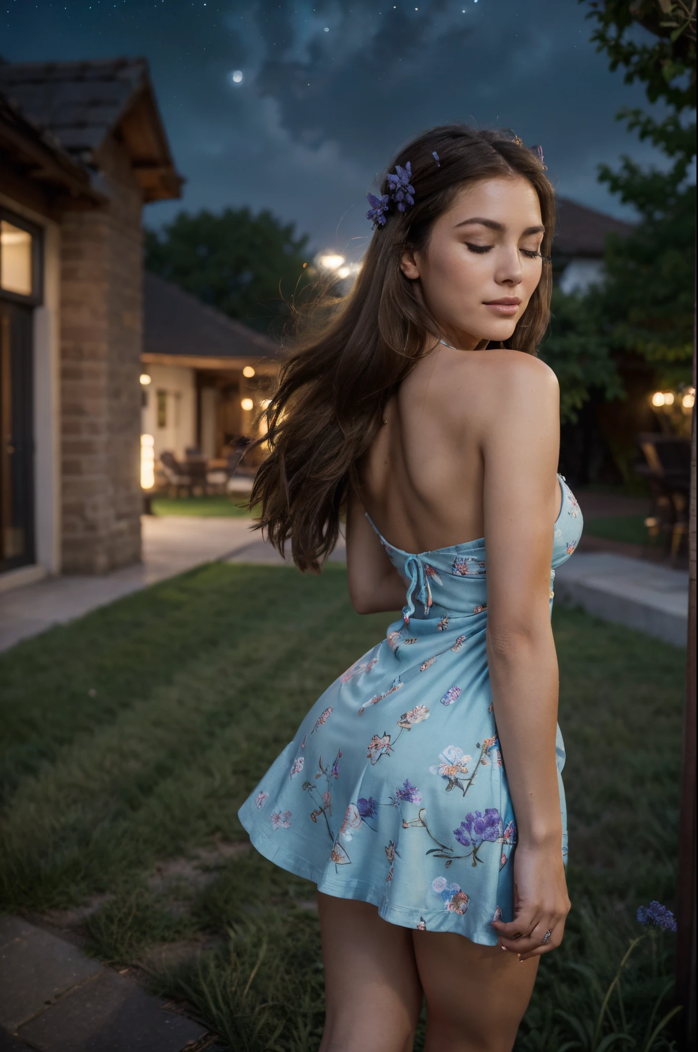 Low angle shot, full body portrait, award-winning glamorous photography,((best quality)), (((masterpiece)), ((realistic)), beautiful 28-year-old woman, (long brown hair), brown eyes, perky breasts, innocent, (Low angle shot), a beautiful brunette woman twirling and dancing on a lawn in the moonlight, ((her head tilted back)), ((eyes closed)), wearing a summer dress with a tiny blue and purple flower print, a summer night, dark sky, dark starry sky, dramatic composition, epic scale, sense of awe, ultra-high res.photorealistic:.1.4, (high detailed skin:1.2), 8k uhd, dslr, high quality, film grain, Fujifilm XT