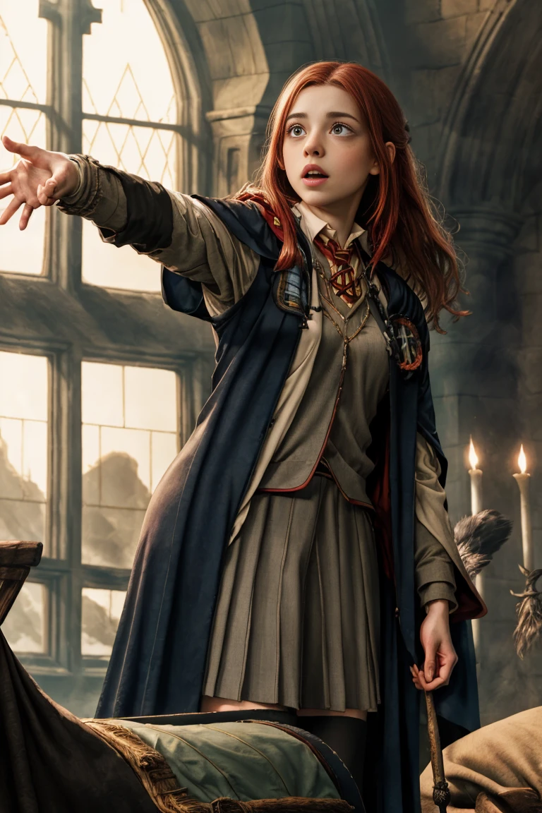 (far wide shot:1.5), 1girl, (solo:1.5), a beautiful picture of Ginny Weasley, ginwea1, wearing a uniform, masterpiece, photorealistic, detailed, 4k, HDR, backlighting, light, RAW color photo, soft skin, red hair, detailed face, blue eyes, striped scarf, short pleated skirt, black robe, medieval, (gryffindor:1.4), (ahegao:1.5), (ahg1:.5), (rolling eyes :1.5), hogsks