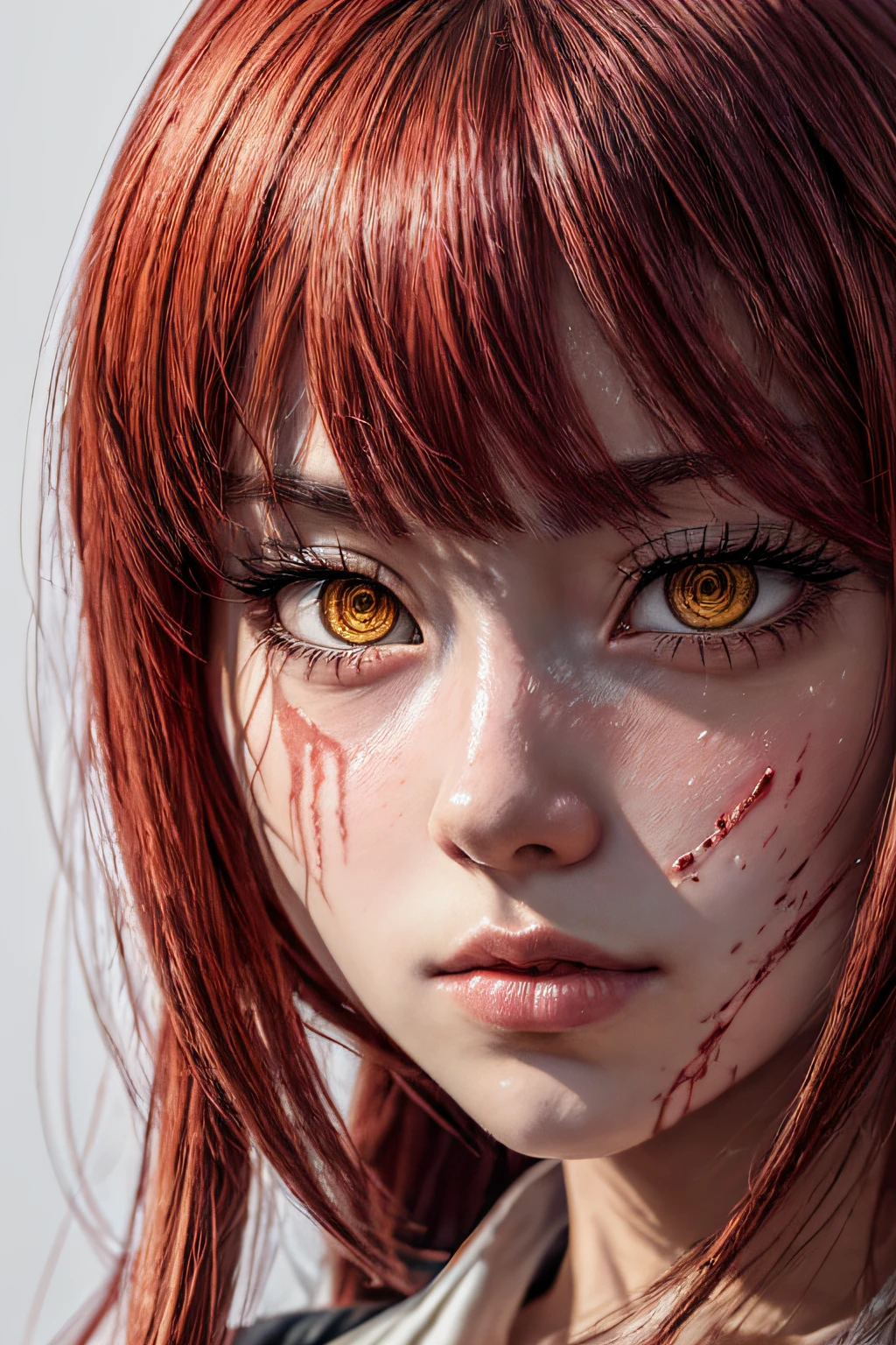 masterpiece, best quality, (extremely detailed CG unity 8k wallpaper, masterpiece, best quality, ultra-detailed, best shadow), (detailed background), (beautiful detailed face, beautiful detailed eyes), High contrast, (best illumination, an extremely delicate and beautiful),1girl,((colourful paint splashes on transparent background, dulux,)), ((caustic)), dynamic angle,beautiful detailed glow,full body, blood splash on face. close up of a woman, anime girl with red hair and a white shirt and tie, a character portrait by Yang J, pixiv, shin hanga, portrait of an anime girl, female anime character, portrait anime girl, portrait of asuka langley soryu, beautiful anime portrait, detailed portrait of anime girl, anime character, realistic anime artstyle, anime girl portrait, anime character portrait, blood on face, sweat face,