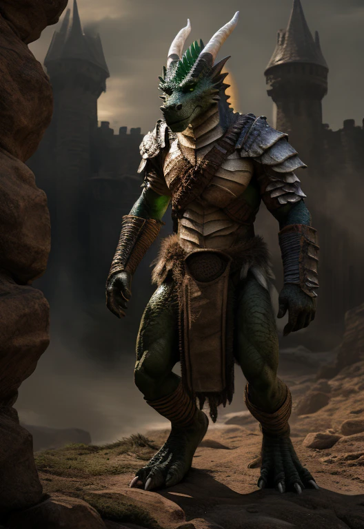 uploaded on e621, (male anthro dragon), standing, solo, muscle, detailed scale texture, old castle, (battlefield), (tribal clothing, ((long loincloth))), (shoulder armor, leg armor), green body, white belly, dawn, shaded, dim environment, (front view), looking pleasured, [simple background], detailed eyes, masterpiece artwork, caustics, rim lighting, single light source, sharp shadows, solo portrait, (digitgrade, toe claw), (realistic, photorealistic, hyper realistic, ultra detailed), by kenket, chunie