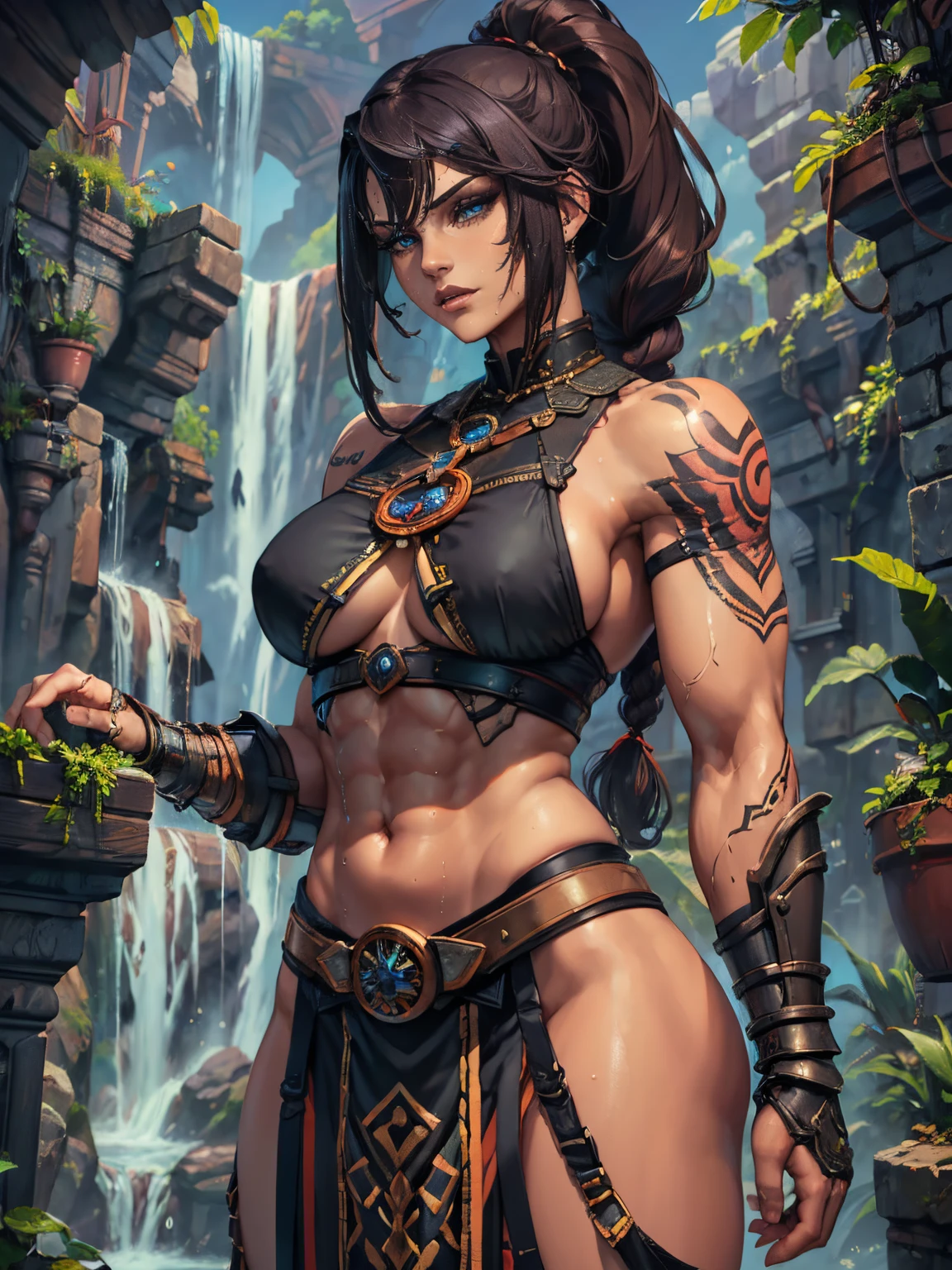 ((masterpiece、top-quality、ultra-detailliert、hight resolution、foco nítido))、1girl in、mature female、Perfect eyes、face perfect、Strong physique、bustshot、Savage woman、length hair、poneyTail、beautiful eyes、pompadour cut、Braids、(Warrior armor)、a belt、lanyard、gauntlets、Brown-skinned、Skindentation、The tattoo、Large scars、Muscle prominence々、tones、a navel、Developed abs、Sweat-soaked skin、thick thight、broad shoulders、Arm muscles、Leg muscles、Bewitching makeup、Fantasia、Detailed outdoor background、Look at viewers、Detailed hand depiction