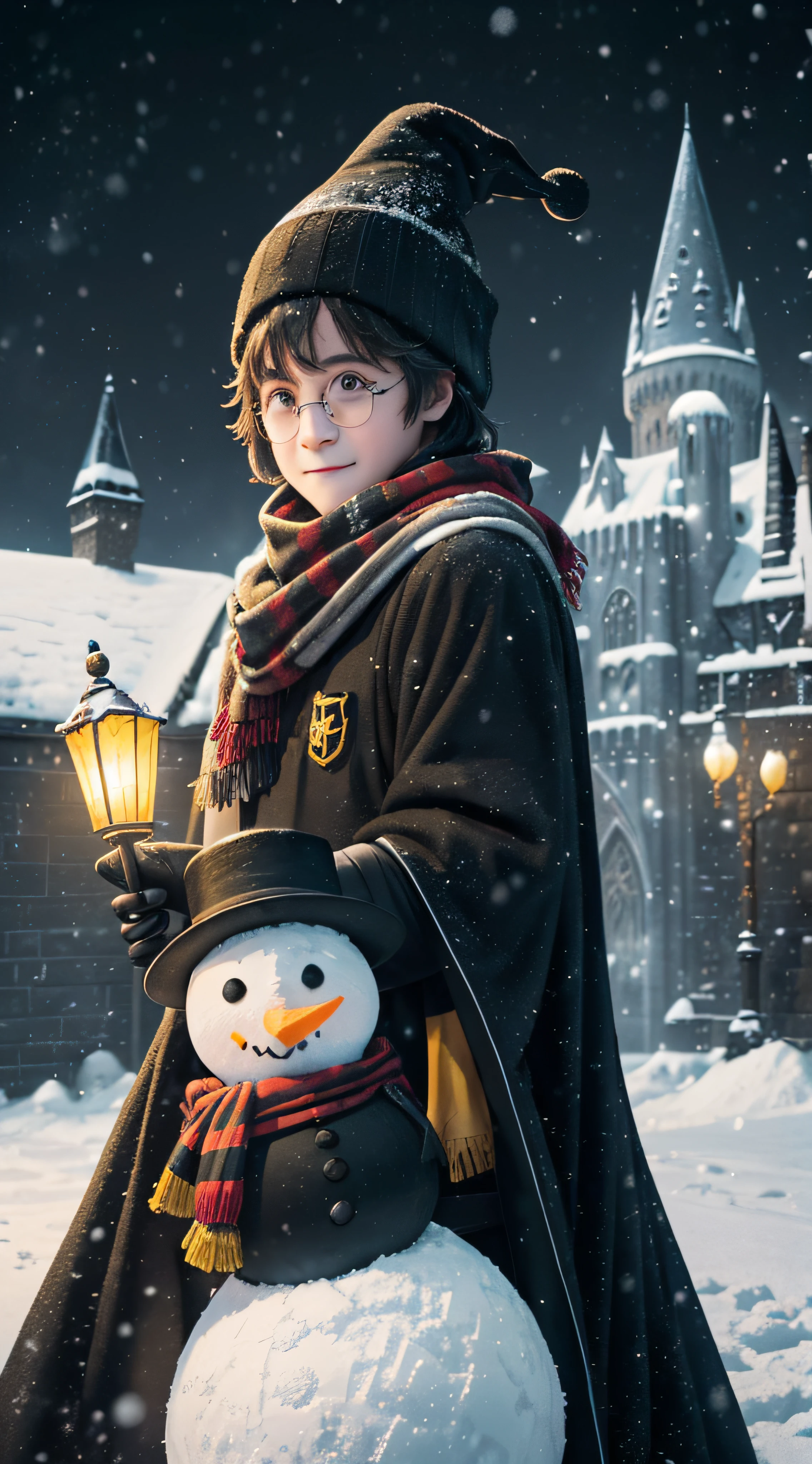 snowman sling (yellow and black) of Hufflepuff (harry potter), wizard hat. in front of Hogwarts Castle. (best quality, realistic, portraits, snow, winter, capricious, playful, falling snowflakes, snowman, carrot nose, charcoal eyes, charcoal mouth, red scarf, black top hat, broom, snowy landscape, fresh color palette, blue, white, moonlight)