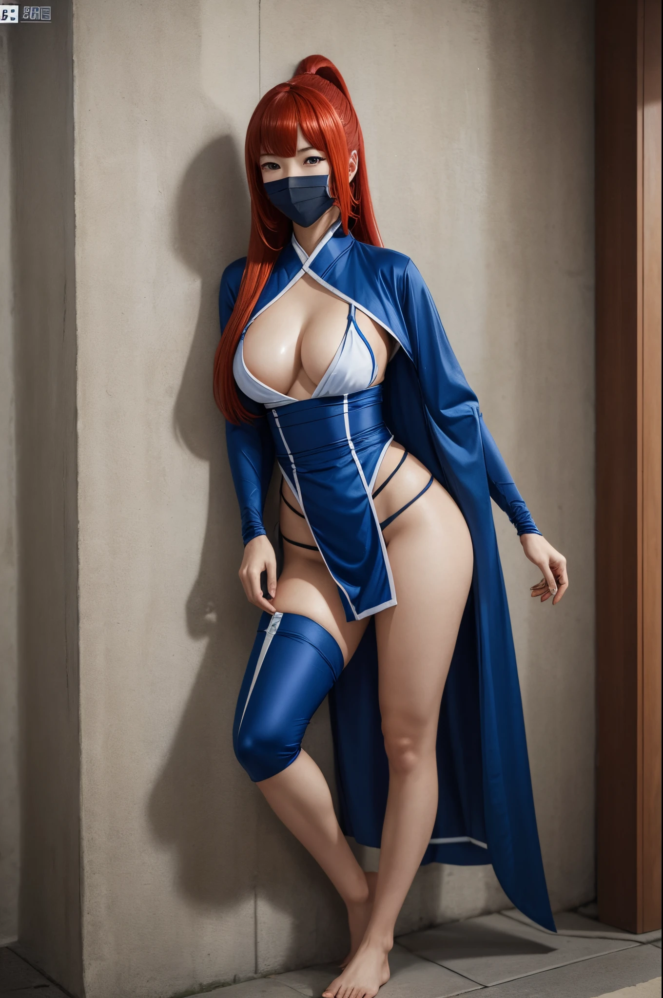 woman in sexy ninja outfit, blue and white, standing against the wall, bare footed, masked, Long red hair, Bangs hair, traditional japanese hairstyle, dojo, higly detailed, Realistic full-length photography, 4k