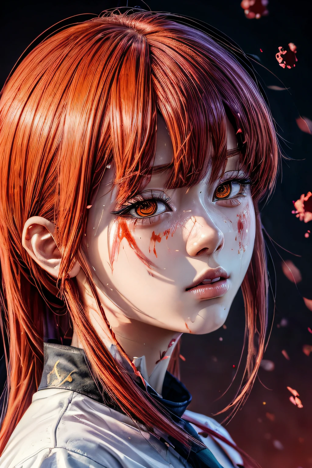 masterpiece, best quality, (extremely detailed CG unity 8k wallpaper, masterpiece, best quality, ultra-detailed, best shadow), (detailed background), (beautiful detailed face, beautiful detailed eyes), High contrast, (best illumination, an extremely delicate and beautiful),1girl,((colourful paint splashes on transparent background, dulux,)), ((caustic)), dynamic angle,beautiful detailed glow,full body, blood splash on face. close up of a woman, anime girl with red hair and a white shirt and tie, a character portrait by Yang J, pixiv, shin hanga, portrait of an anime girl, female anime character, portrait anime girl, portrait of asuka langley soryu, beautiful anime portrait, detailed portrait of anime girl, anime character, realistic anime artstyle, anime girl portrait, anime character portrait, blood on face, sweat face,