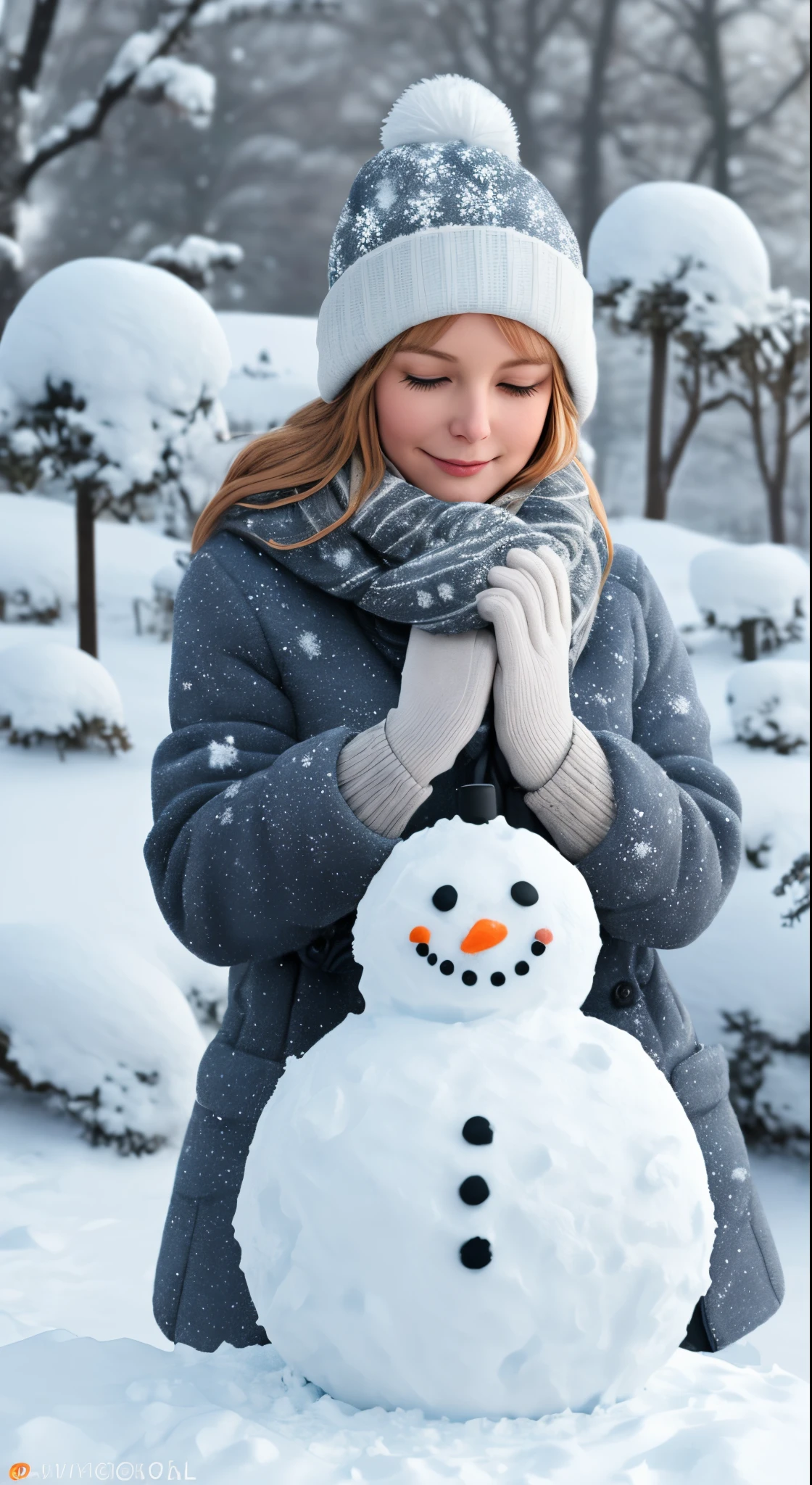 A charming scene unfolds as a Swedish woman joyfully builds a snowman in a snowy landscape. Bundled up in warm winter attire, she rolls snowballs to form the snowman's body, carefully stacking them one atop the other. The air is crisp, and snowflakes gently fall around her as she adds the finishing touches—a carrot nose, coal eyes, and a scarf. The snowy landscape is serene, creating a picturesque and heartwarming winter scene.