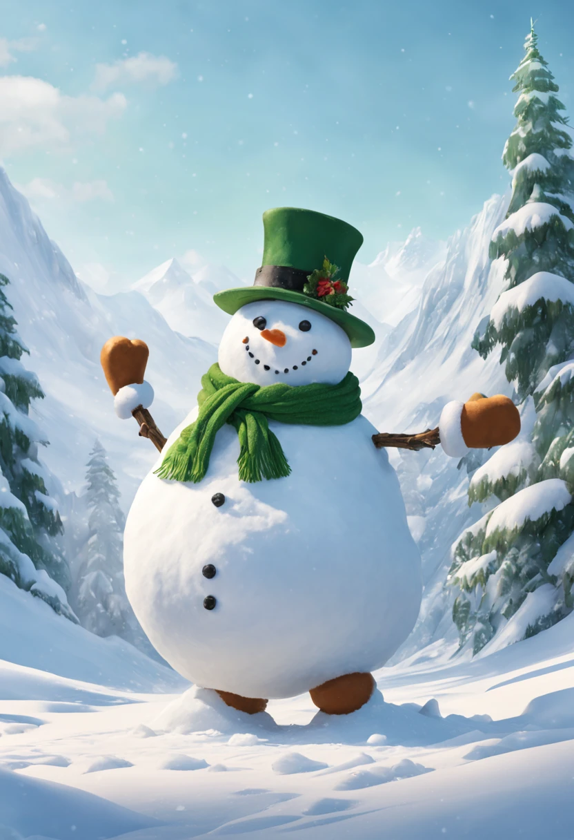 big man made of snow,body made of snow,round head,Snowman face,thick arms,thick legs,Gentle,barechested,Bare legged,Green hat,Green muffler,snowy background,​masterpiece,Fantasia,Walking in the snow,Fancy,(A landscape that looks like a picture book)
