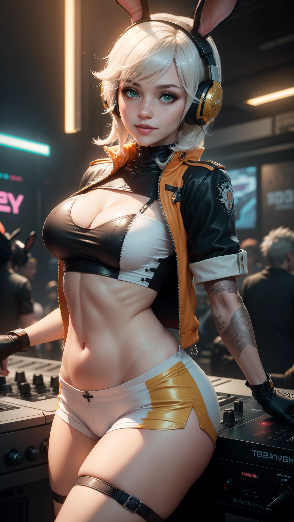 gwen tennyson,tracer,yorha 2b,y'shtola rhul,overwatch,nier automata,eva pilot, cyberpunk night club,tattoos,orange and silver plugsuit,white short sleeve pilot top,orange lycra micro shorts,garter belt,uncovered belly,short hair,cute makeup,green eyes,dimensional golden hair,sexy smile,freckles,beautiful girl,large breasts,8k,ultra detailed, realistic,fantasy art,dj uniform,ear piercings,punk outfit,saiyan girl, saiyan female,white short sleeve punk jacket,bunny headphones,dj mixer,wall paint splatter,dancing,bunny suit,multicolored lights,show stage,