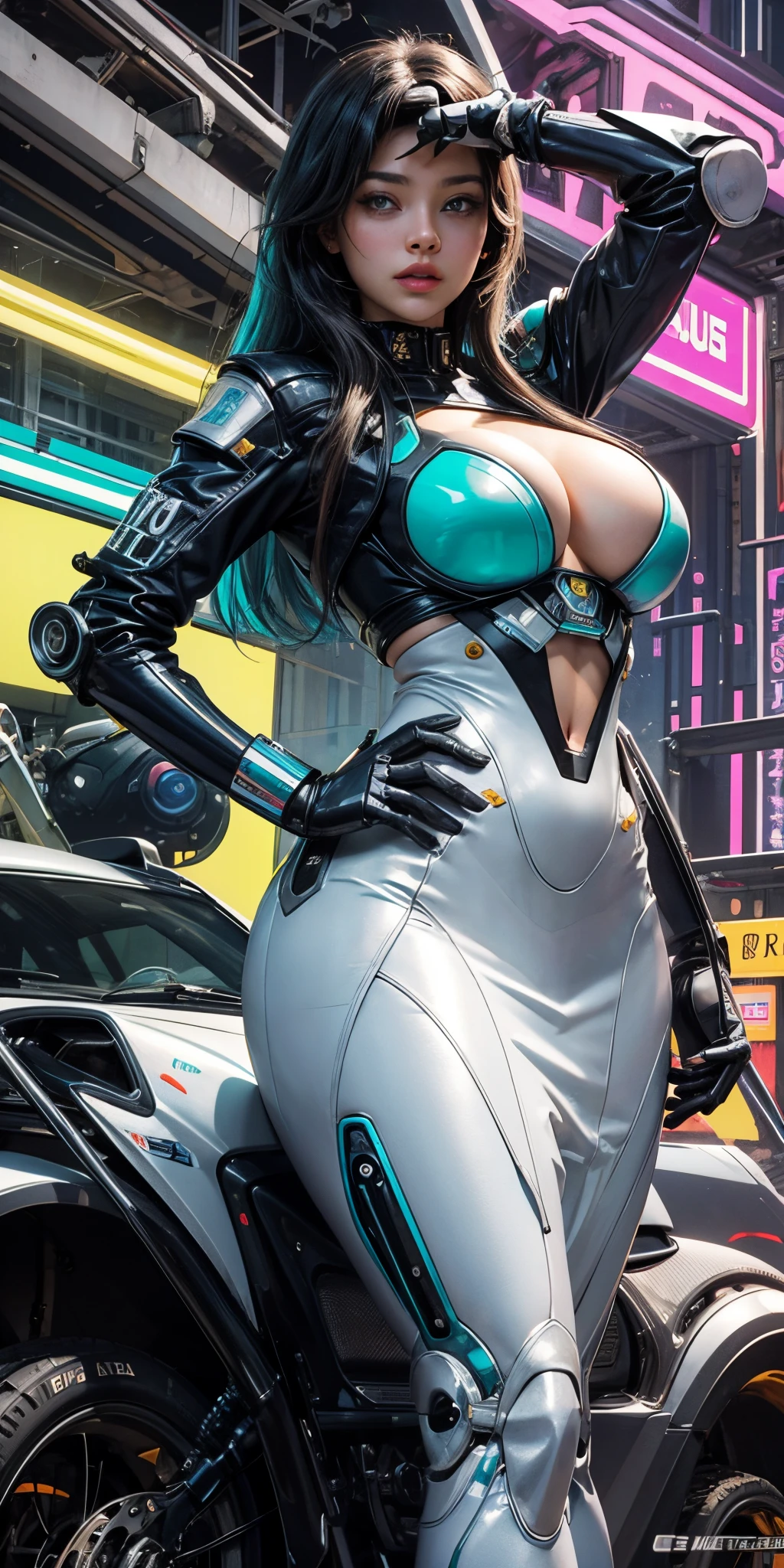 Una chica cyborg retrofuturista muy sexy en otro planeta ,su cuerpo esta hecho de alamabres y mecanica de robot futurista ,tiene grandes tetas y es muy hermosa ,su traje tiene luces de neon y es de color verde