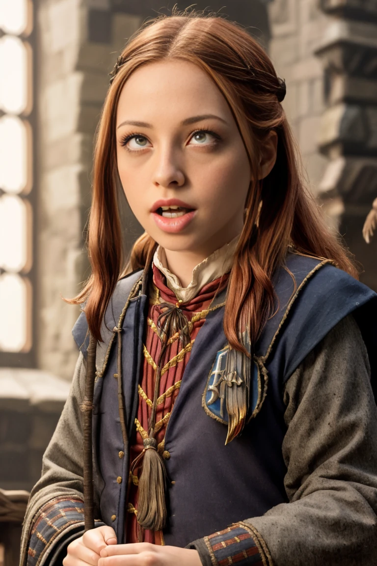 (far wide shot:1.5), 1girl, (solo:1.5), a beautiful picture of Gimmy Weasley, (ginwea1:1.5), wearing a uniform, masterpiece, photorealistic, detailed, 4k, HDR, backlighting, light, RAW color photo, soft skin, red hair, detailed face, blue eyes, striped scarf, short pleated skirt, black robe, medieval, (gryffindor:1.4), (ahegao:1.5), (ahg1:.5), (rolling eyes :1.5),