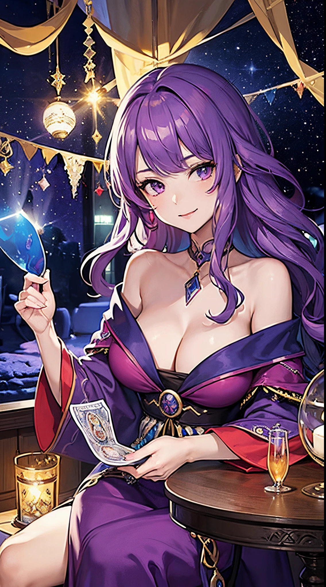 (masterpiece, top quality, best quality, official art, beautiful and aesthetic:1.2), (1girl:1.3), wavy long hair, light purple hair, extremely detailed, portrait, looking at viewer, solo, (full body:0.6), detailed background, close up, glowing eyes, (cold arctic winter theme:1.1), fortune teller, charlatan, smirk, mysterious, sitting at table, colorful shoulderless loose gypsy fortune teller clothes,      chalice,   tarot cards, crystal ball,  medieval (tent interior:1.1) background, tent curtains in background, dark mysterious lighting, shadows, magical atmosphere, starry night,, dutch angle