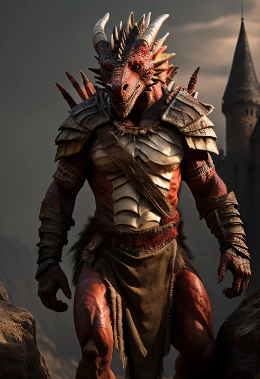 uploaded on e621, (male anthro dragon), standing, solo, muscle, detailed scale texture, old castle, (battlefield), (tribal clothing, ((long loincloth))), (shoulder armor, leg armor), red body, white belly, dawn, shaded, dim environment, (front view), looking pleasured, [simple background], detailed eyes, masterpiece artwork, caustics, rim lighting, single light source, sharp shadows, solo portrait, (digitgrade, toe claw), (realistic, photorealistic, hyper realistic, ultra detailed), by kenket, black-rat