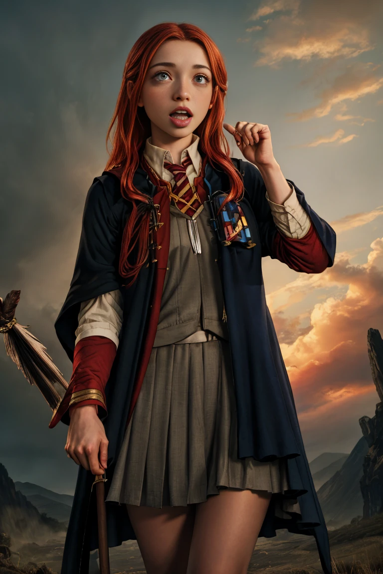 (far wide shot:1.5), 1girl, (solo:1.5), a beautiful picture of Ginny Weasley, ginwea1, wearing a uniform, masterpiece, photorealistic, detailed, 4k, HDR, backlighting, light, RAW color photo, soft skin, red hair, detailed face, blue eyes, striped scarf, short pleated skirt, black robe, medieval, (gryffindor:1.4), (ahegao:1.5), (ahg1:.5), (rolling eyes :1.5), hogsks