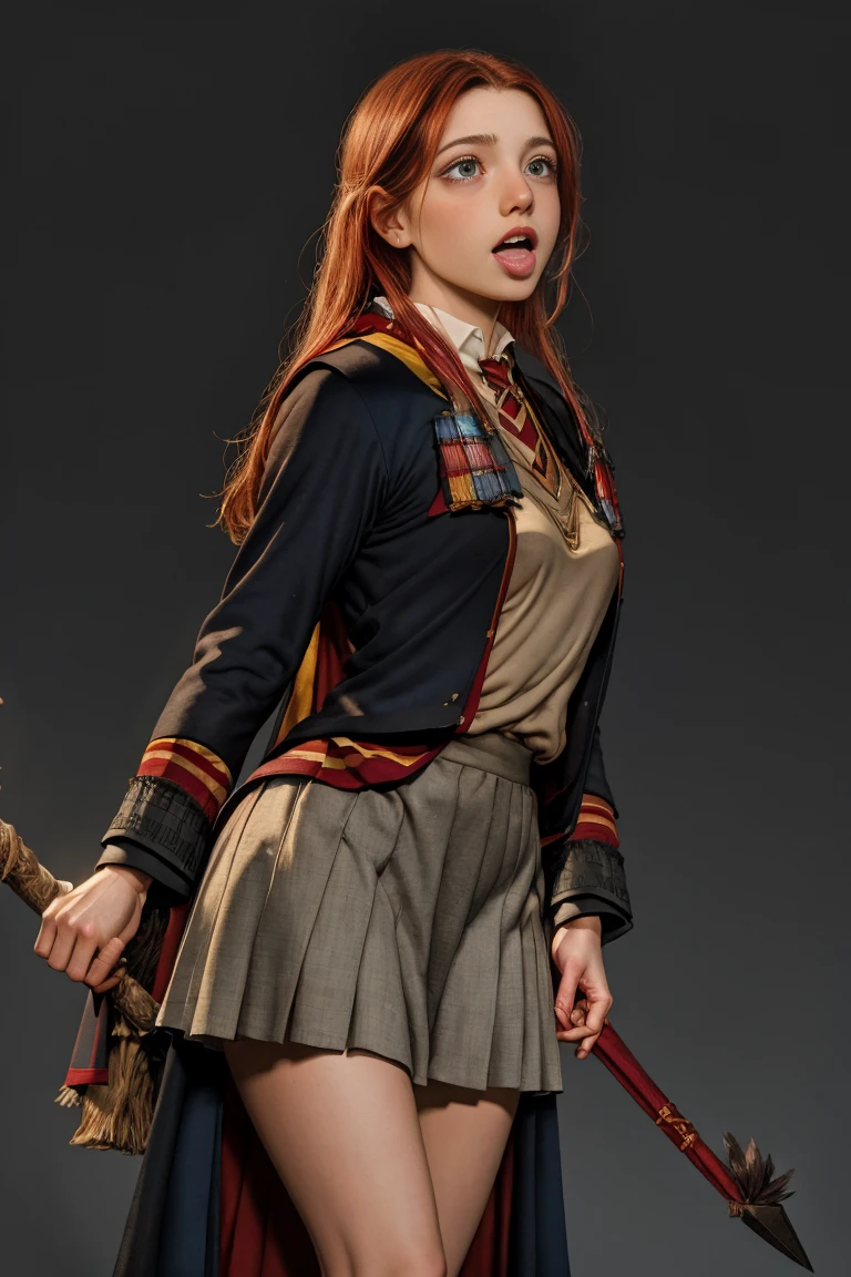 (far wide shot:1.5), 1girl, (solo:1.5), a beautiful picture of Ginny Weasley, ginwea1, wearing a uniform, masterpiece, photorealistic, detailed, 4k, HDR, backlighting, light, RAW color photo, soft skin, red hair, detailed face, blue eyes, striped scarf, short pleated skirt, black robe, medieval, (gryffindor:1.4), (ahegao:1.5), (ahg1:.5), (rolling eyes :1.5), hogsks