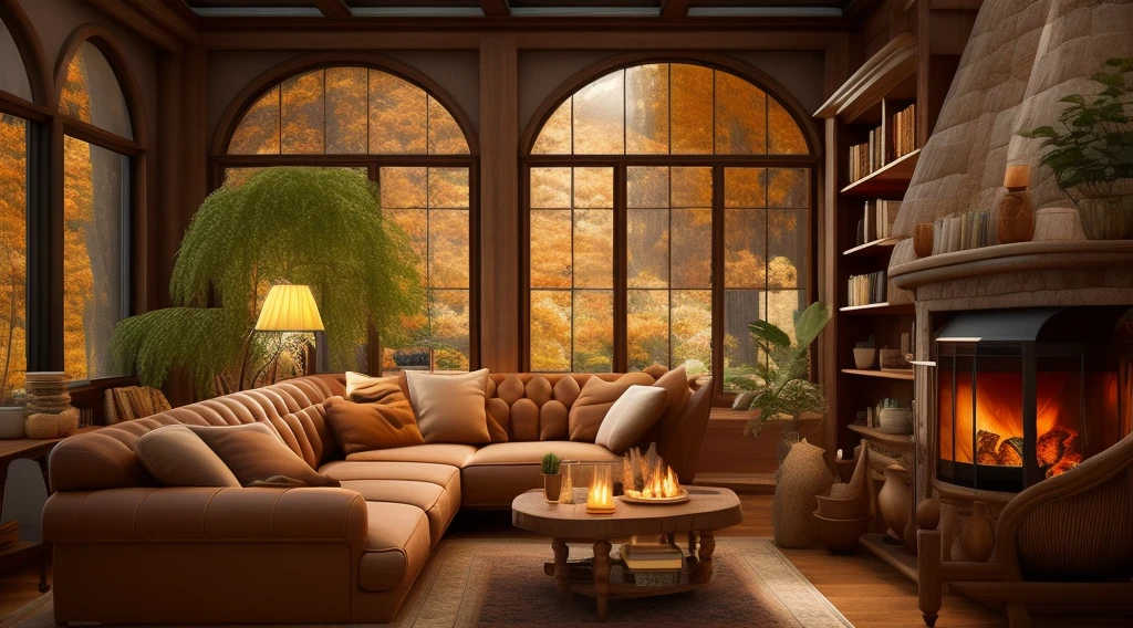 Alafid living room with sofa, a chair, desks, fireplace and windows, welcoming living room, Warm living room background, warm interior, Cozy atmosphere, cozy place, Warm home background, cozy living room interior, Comfortable and peaceful atmosphere, cozy environment, warm cosy colors, cozy living room, comfortable atmosphere, cozy environment, soft autumn sunlight, Comfortable and atmospheric dog in the house