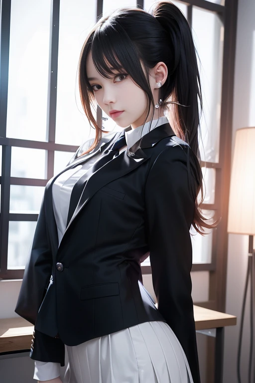 8K raw photos，hight resolution，Age21 Japan，large round chest，校服，tiese，Tie Ribbon，Blazer jacket，Super skirt，beautiful eyes in detail，long eyelasher，beautiful double eyelid，eyeshadows，slit-eyes，Sanpaku eyes，Dark Eye Makeup，evil smile，Beautiful thin legs，High Ponytail，耳Nipple Ring，school classrooms