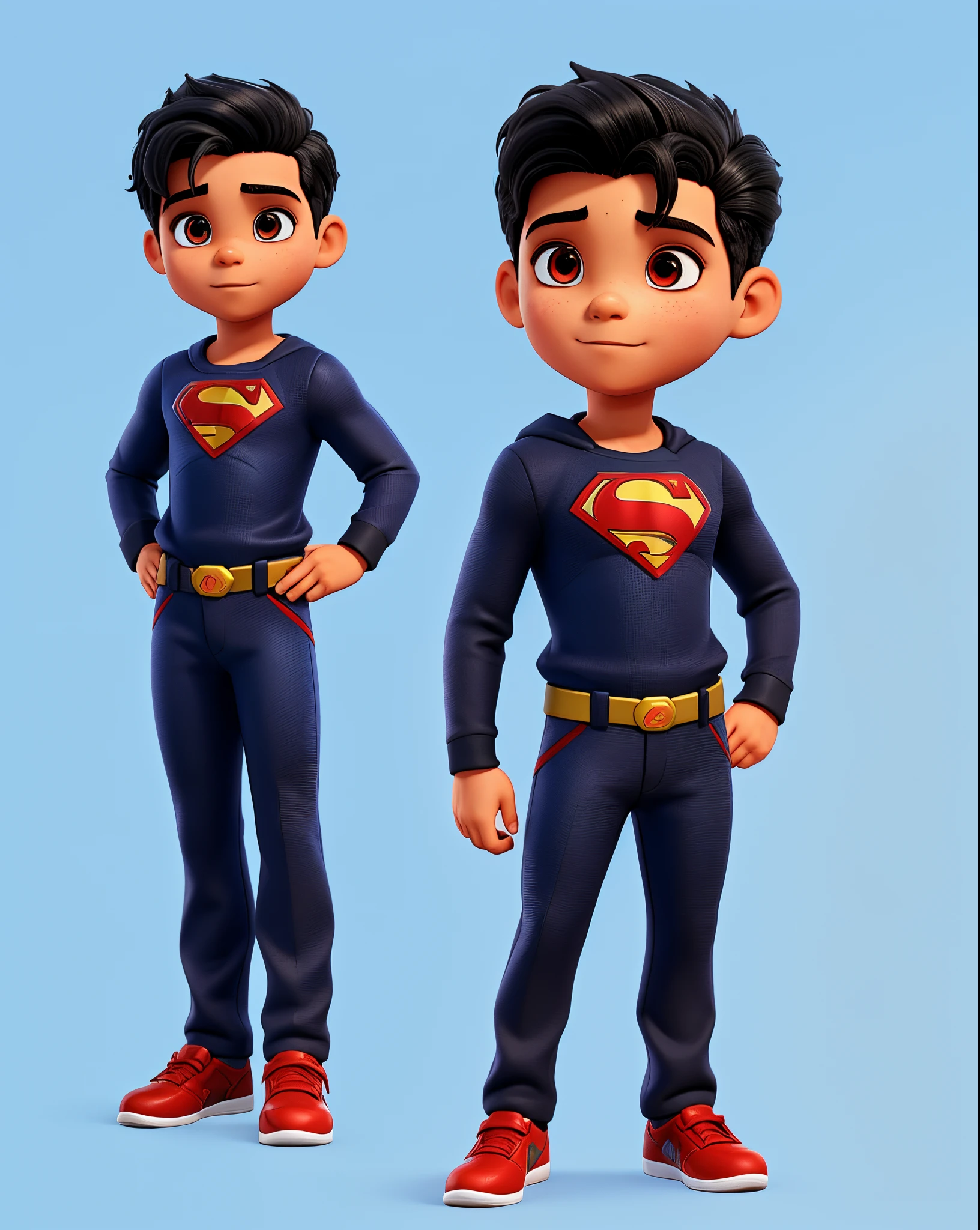 um de cabelo preto e olhos pretos, vestido com a roupa do super man azul e sua capa vermelha com corpo total na imagem do menino