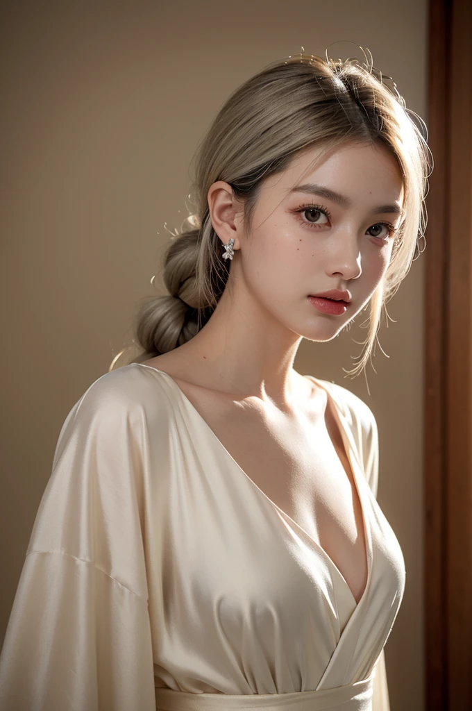 (Best Quality, Masterpiece:1.2), extra high resolution, Realistic, front lighting, intricate detials, exquisite details and textures, 1girl, 独奏 ,(Young), face highlight, upper-body, Detailed Face, tear mole, White Skin Skin, Silver hair, pony tail, braid hair, looking a viewer, big eyes, silk robe, (hollow pattern, White, Silk), earings, small breasts, shapely body, luxury room, Professional lighting, Photon mapping, radiosity, physical based rendering,