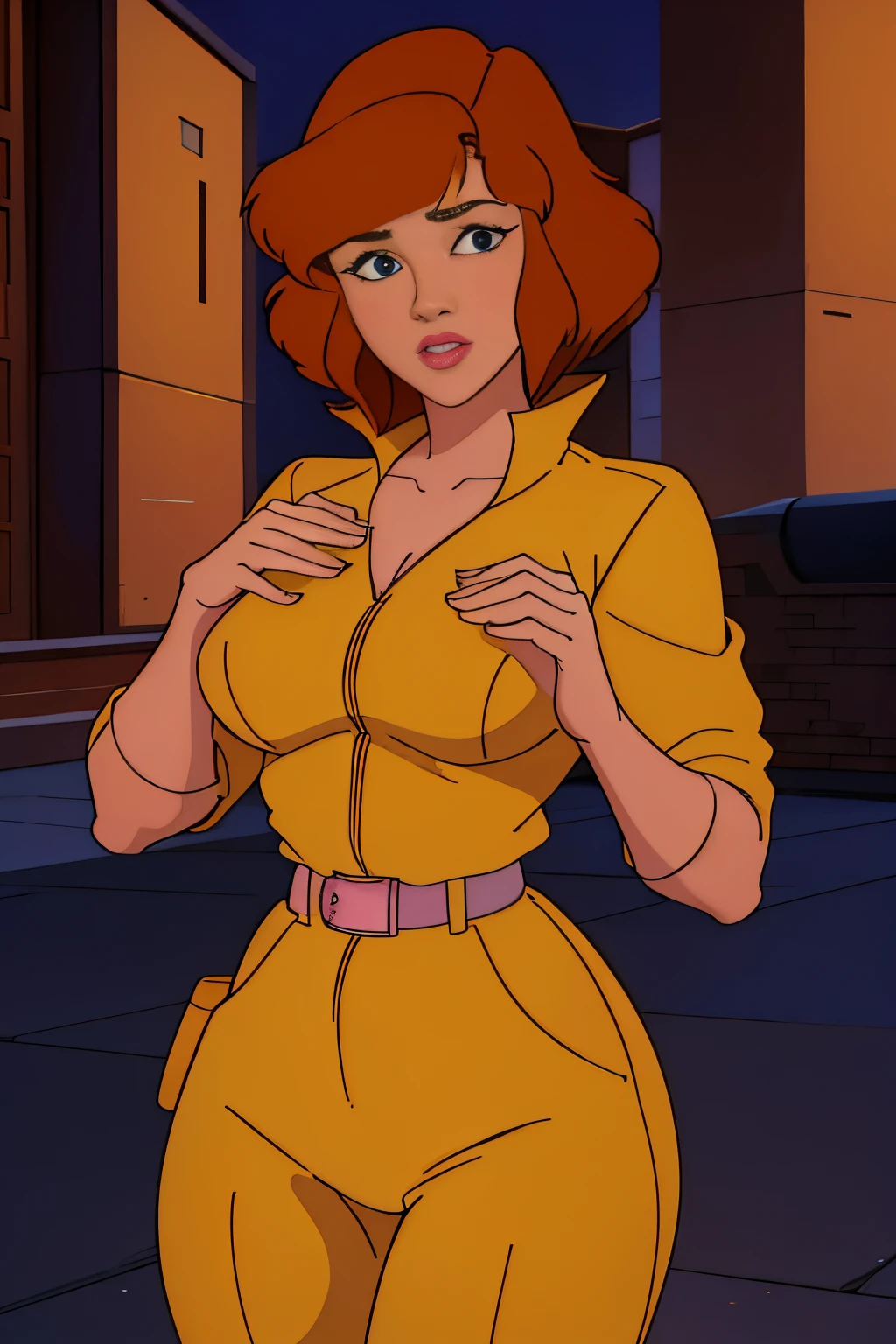 April O'Neill,  1girl, brown hair, orange hair, Short hair, 

Beautiful, pretty face, lipstick, glossy lips, pink lips, a perfect face, Perfect eyes, Perfect skin, Narrow waist, cute face,


Yellow jumpsuit, White Belt, full - body, night city background, Cowboy shot, 1980s \(style of\), retro artstyle, Masterpiece, Best Quality, hiquality, hight resolution, aesthetic, Detailed, Extremely detailed, ambient soft lighting, 8K, nice hands, perfect arms, absurdress,  perfect ligthing