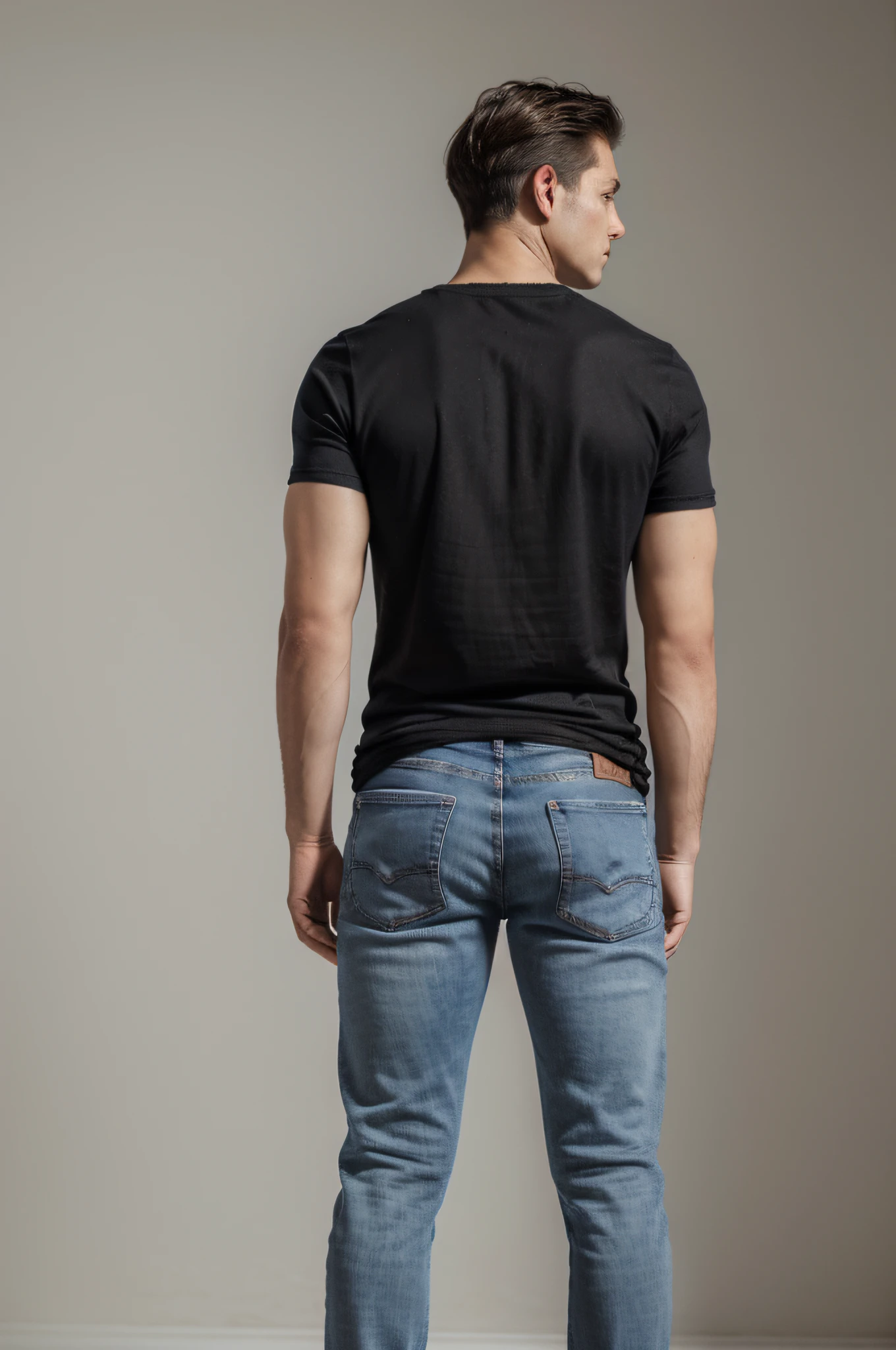 best quality, masterpiece, ultra-high resolution, (photorealistic: 1.4), RAW photo, 1 man, from the back, looking at camera, full body, wears men's black t-shirt and jeans, white background, background, theme dark