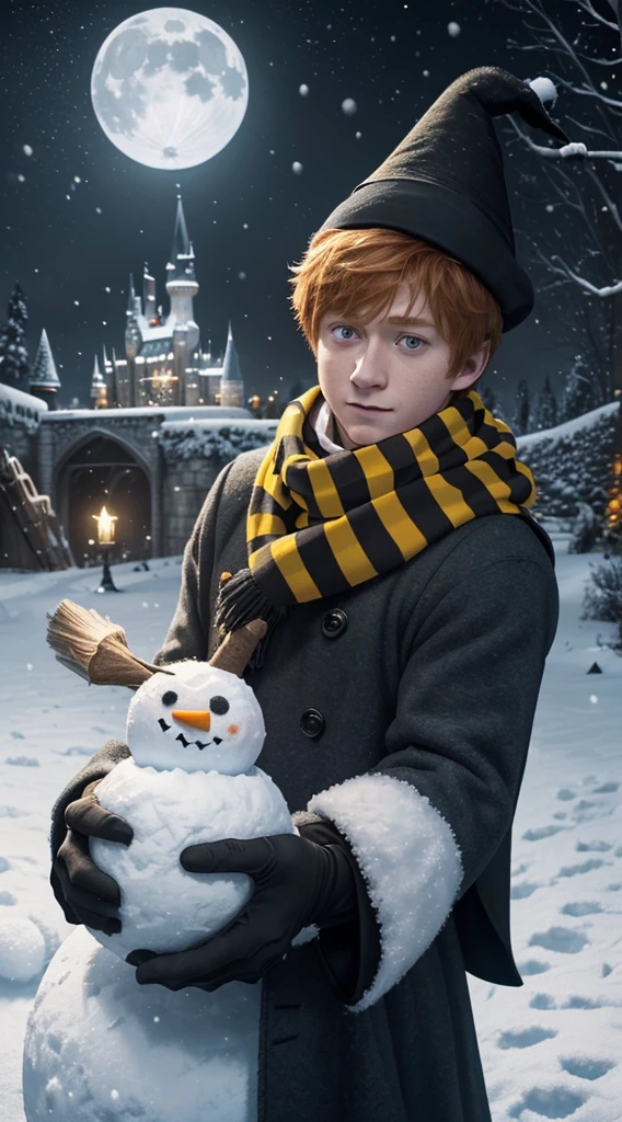 snowman sling (yellow and black) of Hufflepuff (ron weasley), wizard hat. in front of Hogwarts Castle. (best quality, realistic, portraits, snow, winter, capricious, playful, falling snowflakes, snowman, carrot nose, charcoal eyes, charcoal mouth, red scarf, black top hat, broom, snowy landscape, fresh color palette, blue, white, moonlight)