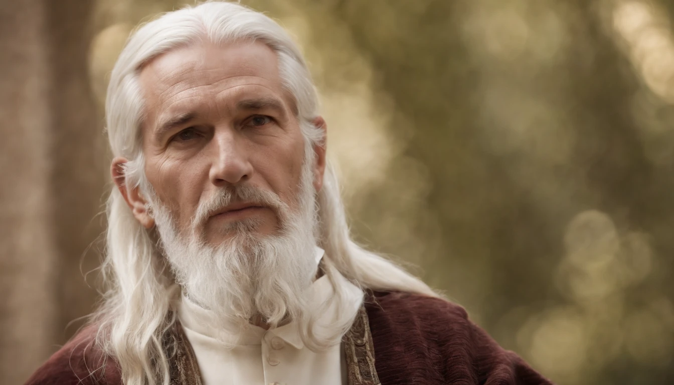 An old man with serious features, with long, white hair and beard. He is an Israelite, and he is from the ancient era, from the time portrayed in the old testament. He is holding a book with a dark brown leather cover. He holds this book as if it were his treasure.