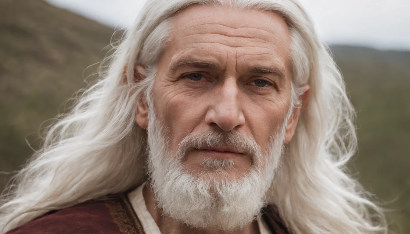 An old man with serious features, with long, white hair and beard. He is an Israelite, and he is from the ancient era, from the time portrayed in the old testament. He is holding a book with a dark brown leather cover. He holds this book as if it were his treasure.