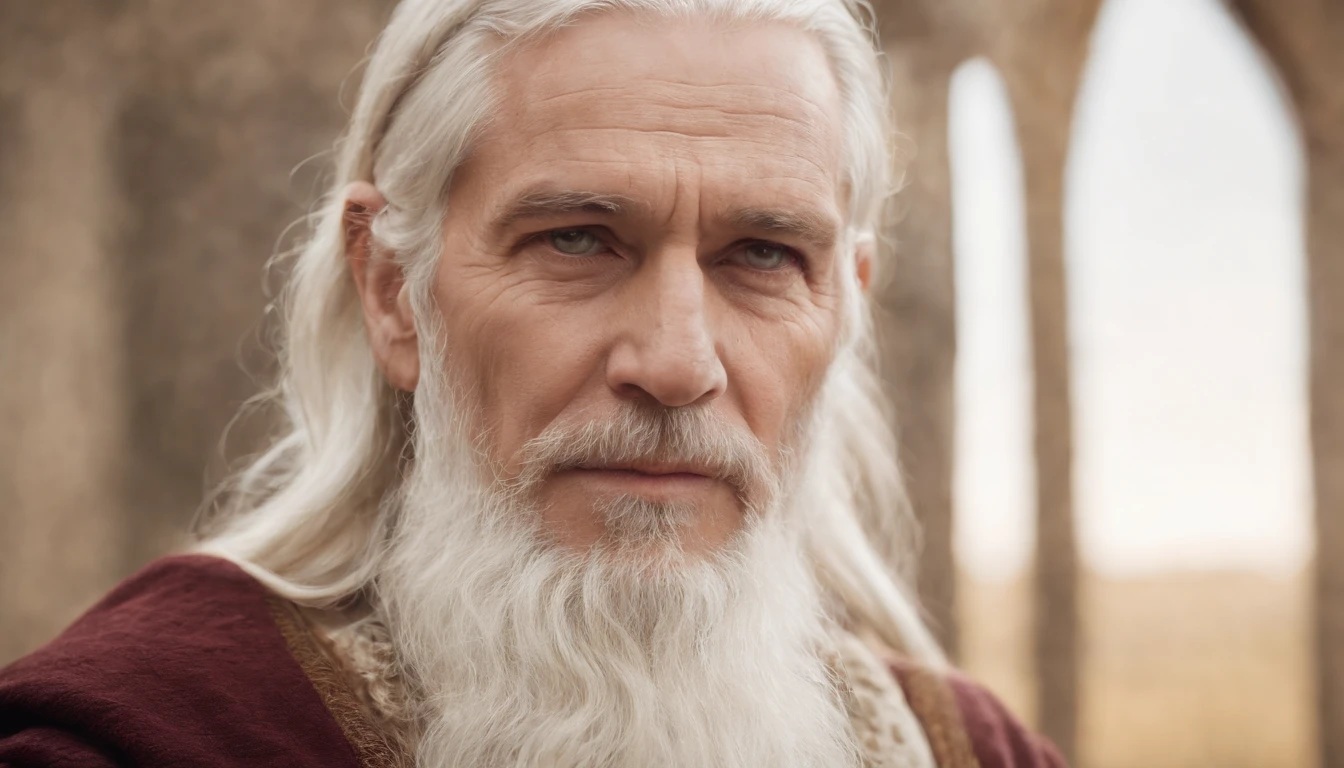 An old man with serious features, with long, white hair and beard. He is an Israelite, and he is from the ancient era, from the time portrayed in the old testament. He is holding a book with a dark brown leather cover. He holds this book as if it were his treasure.