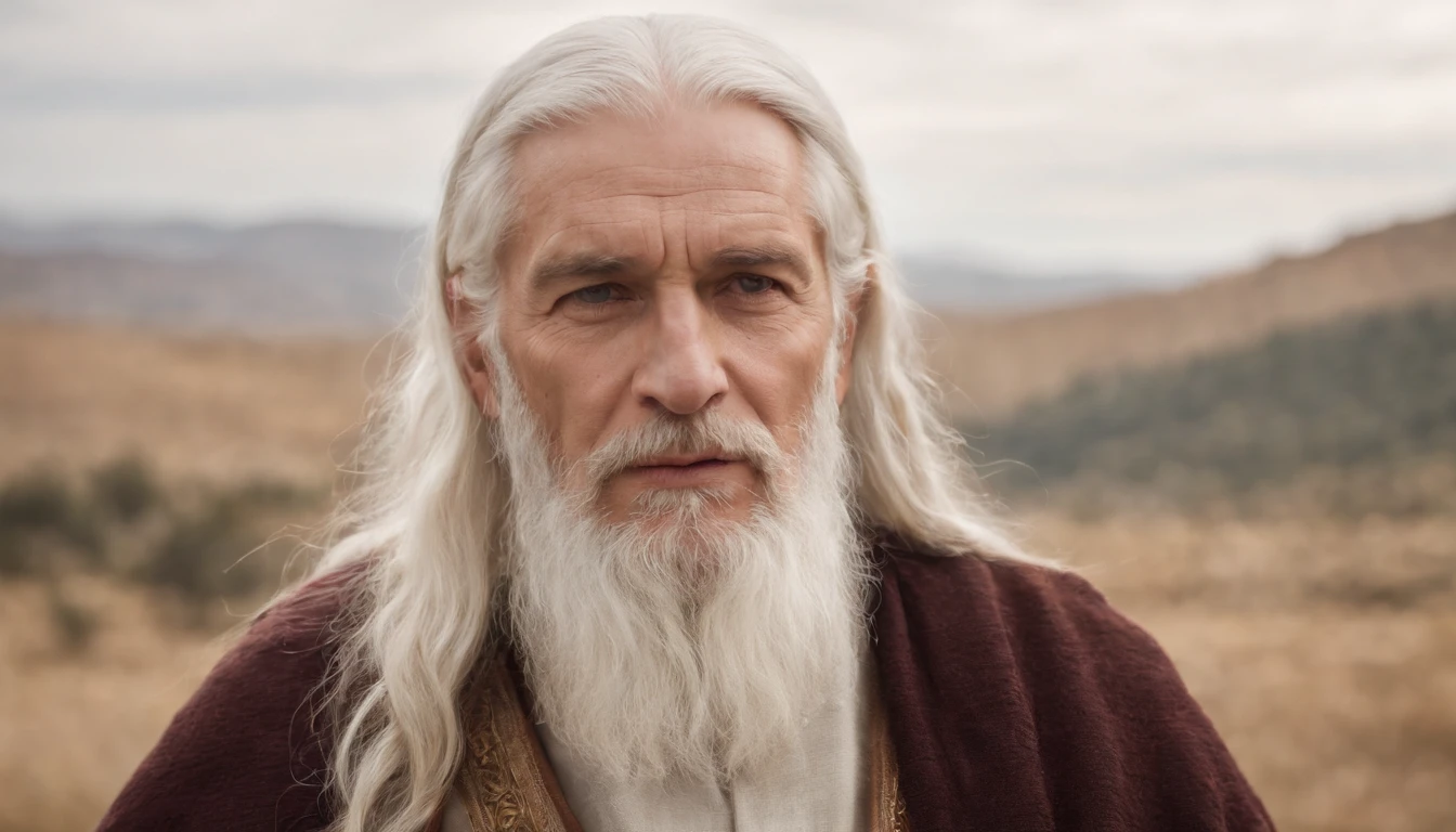 An old man with serious features, with long, white hair and beard. He is an Israelite, and he is from the ancient era, from the time portrayed in the old testament. He is holding a book with a dark brown leather cover. He holds this book as if it were his treasure.