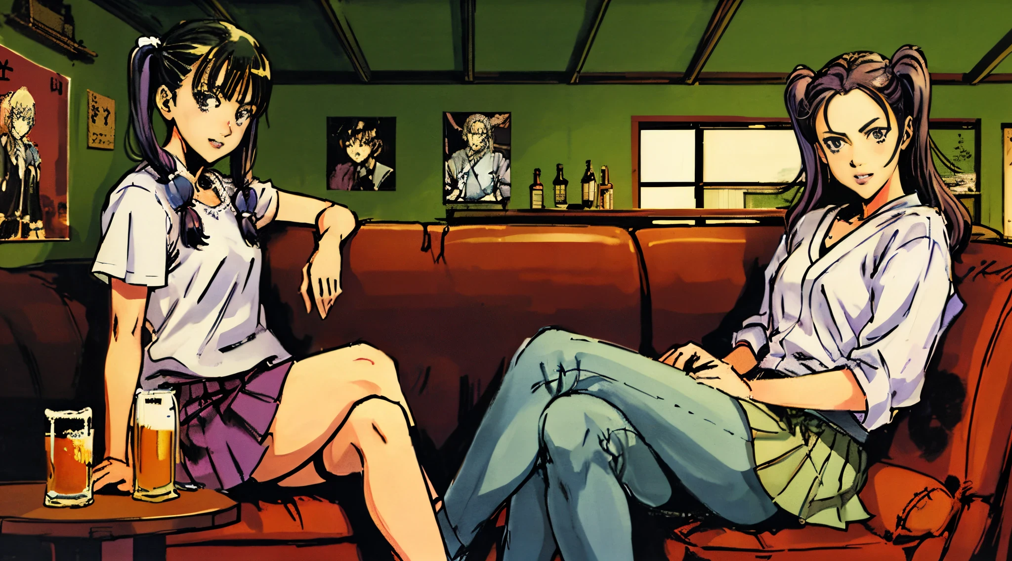 daysies, Two beautiful women, sitting in the couch, in a pub., Heads-up view, in a panoramic view, One of the girls has her legs crossed., Wear a short skirt, pigtails, The other one is T, Very handsome, 2 girls, Graphic novel, Takehiko Inoue&#39;s painting style, exquisitedetails, tmasterpiece，Blackboard comic style，japan manga style，Partial realism，black andwhite