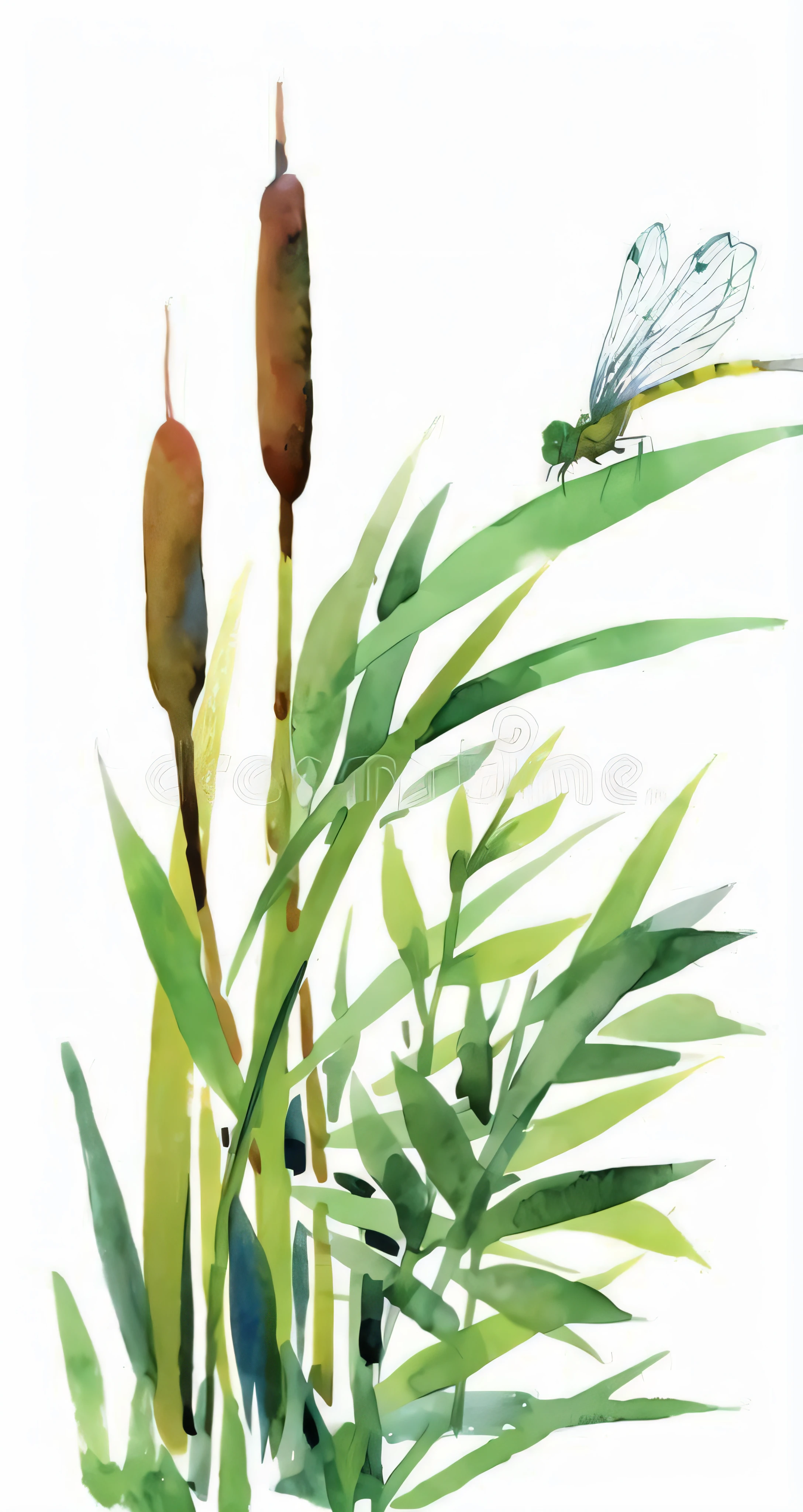 watercolor painting of dragonflies and cattails on a white background, bullrushes, illustration!, willow plant, reeds, big leaves and large dragonflies, aquarelle, aquarelle painting, artistic illustration, winged insects and stems, water colour, aquarel, waterpaint art, by Cui Bai, art illustration, ((water color)), intermediate art